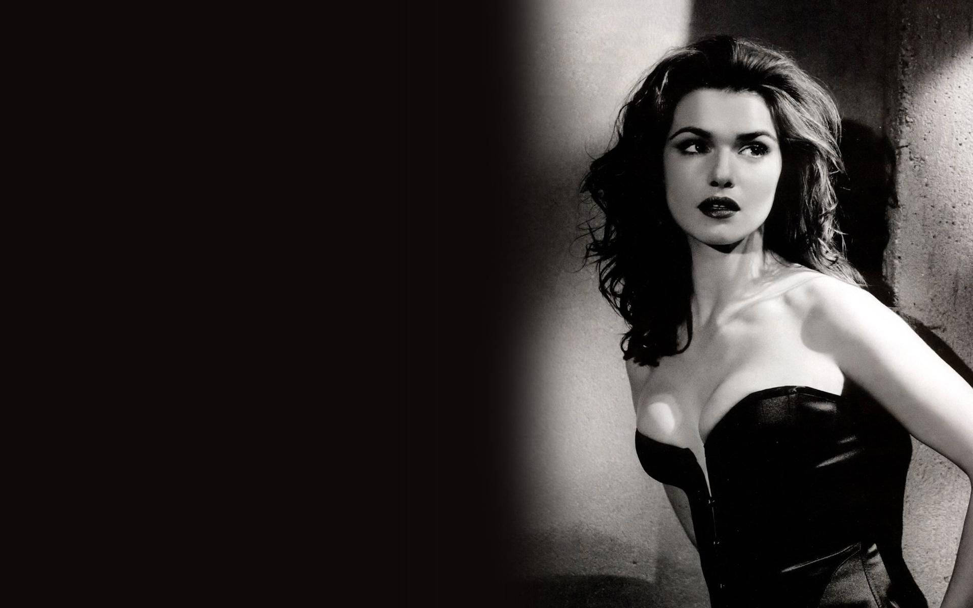 Rachel Weisz, corseted dress, black and white portrait, Full HD Desktop Wallpaper