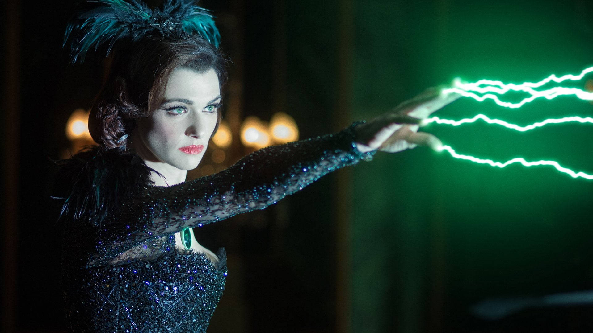 Rachel Weisz, glittering black gown, feathered headdress, Full HD Desktop Wallpaper