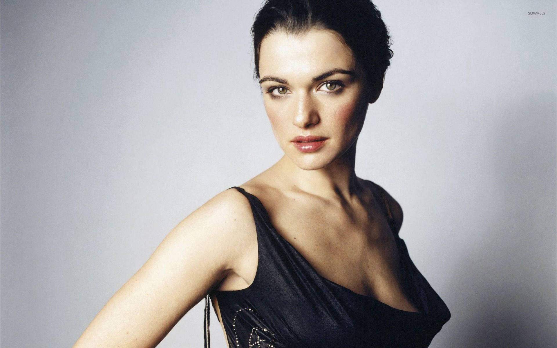 Rachel Weisz, black dress, soft gray studio backdrop, Full HD Desktop Wallpaper