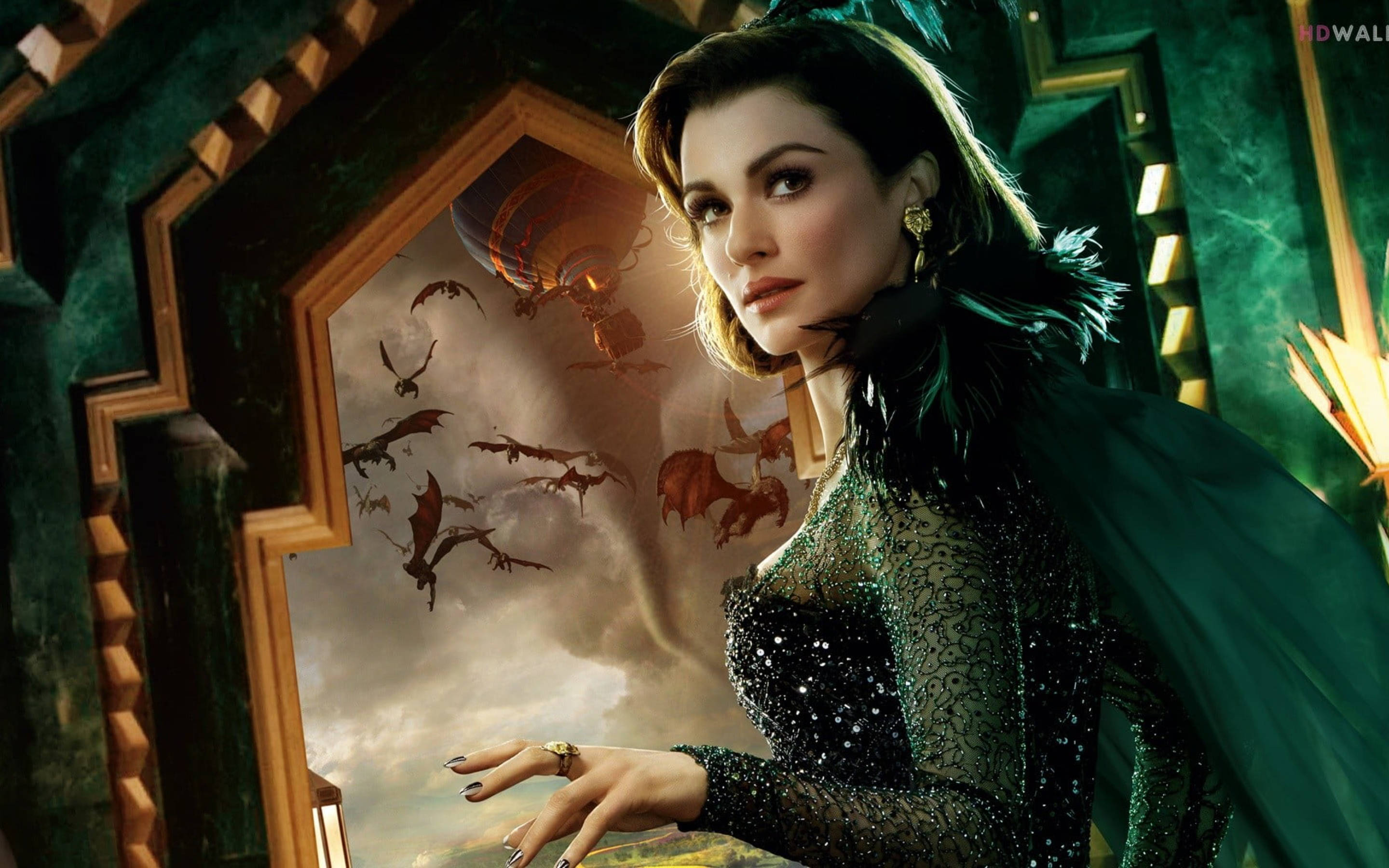 Rachel Weisz, green gown, dragons, 2K Desktop Wallpaper