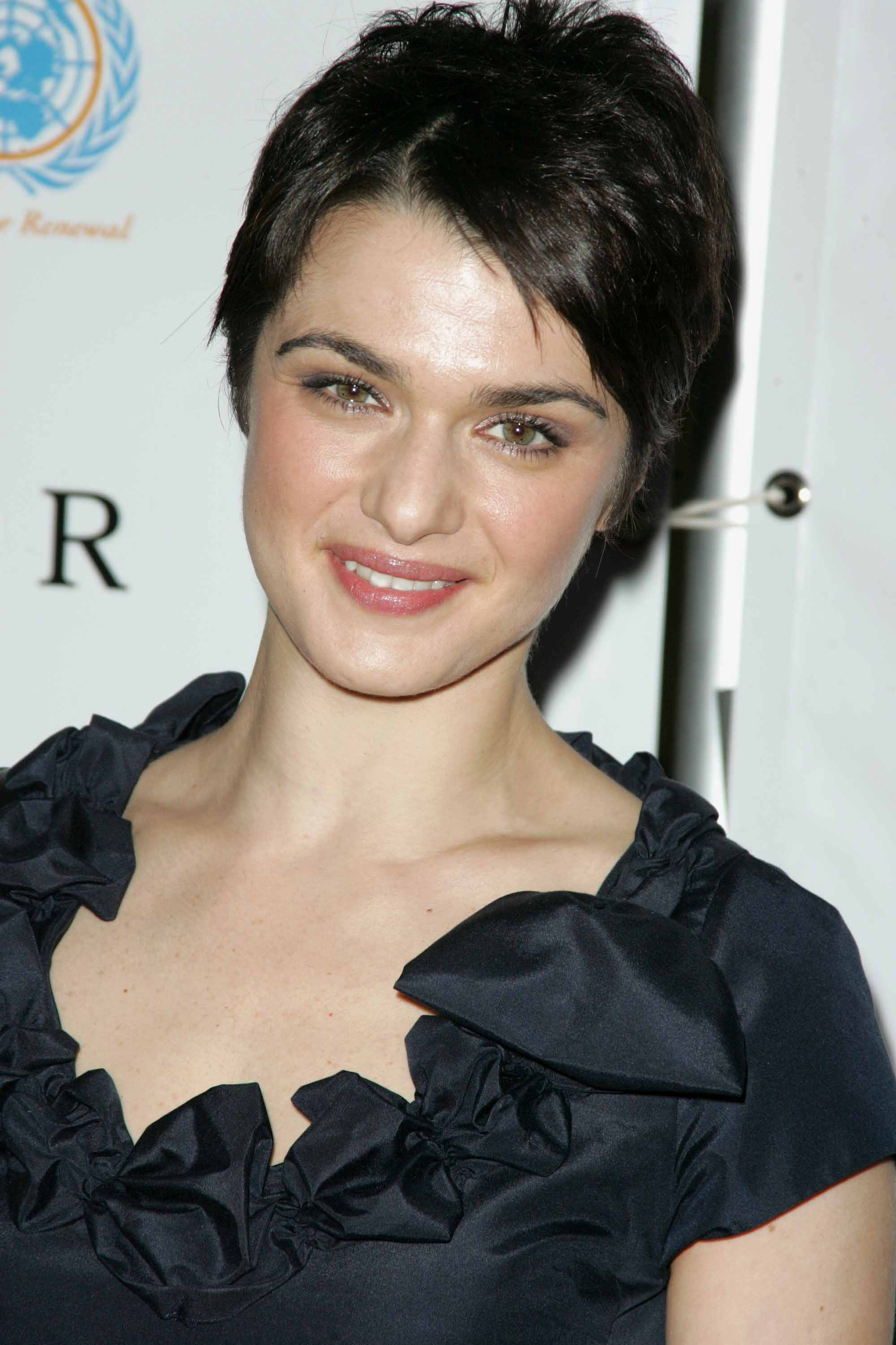 Rachel Weisz, short black hair, black ruffled dress, 2K Phone Wallpaper
