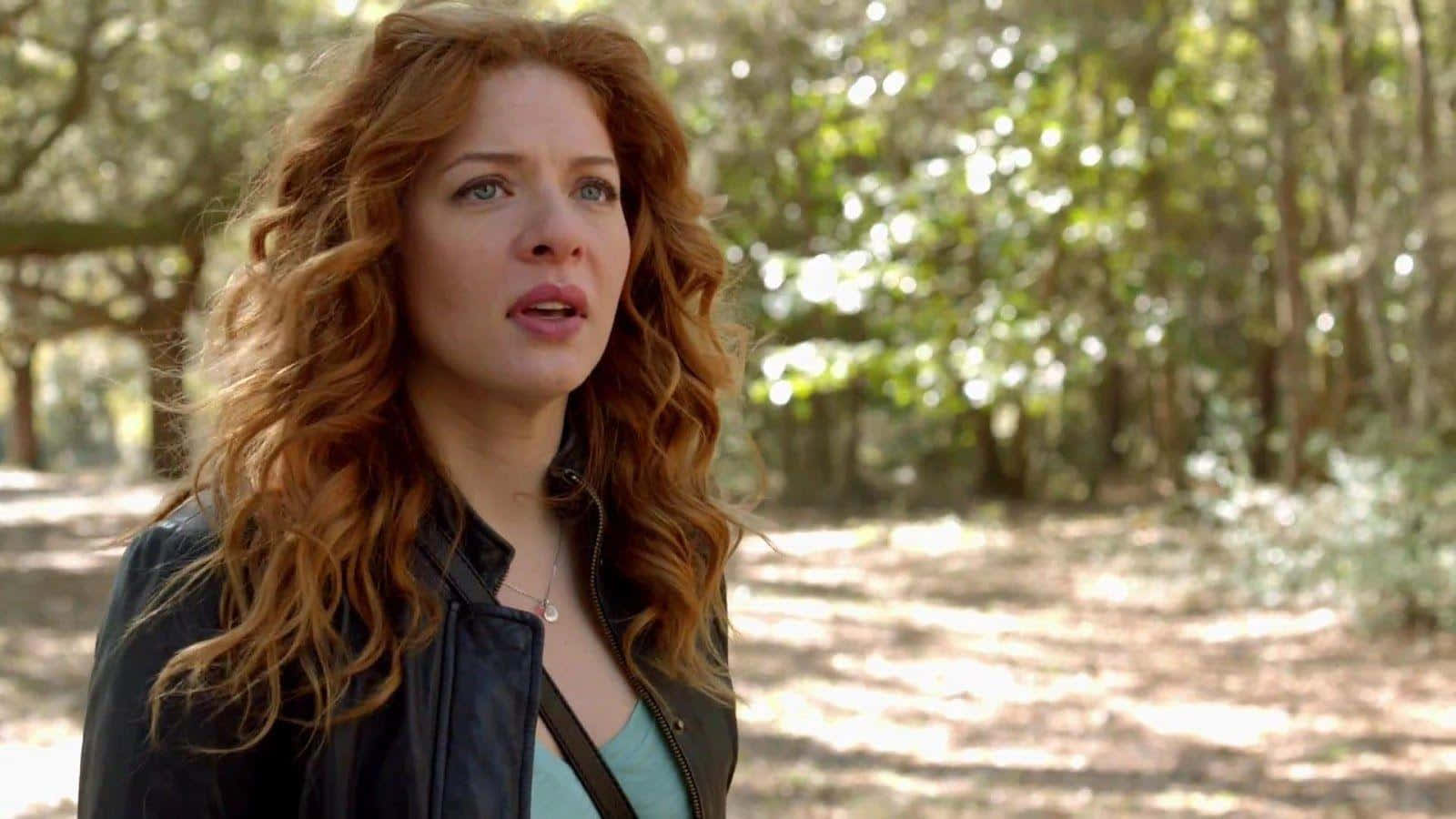 Rachelle Lefevre, curly red hair, forest, HD Desktop Wallpaper