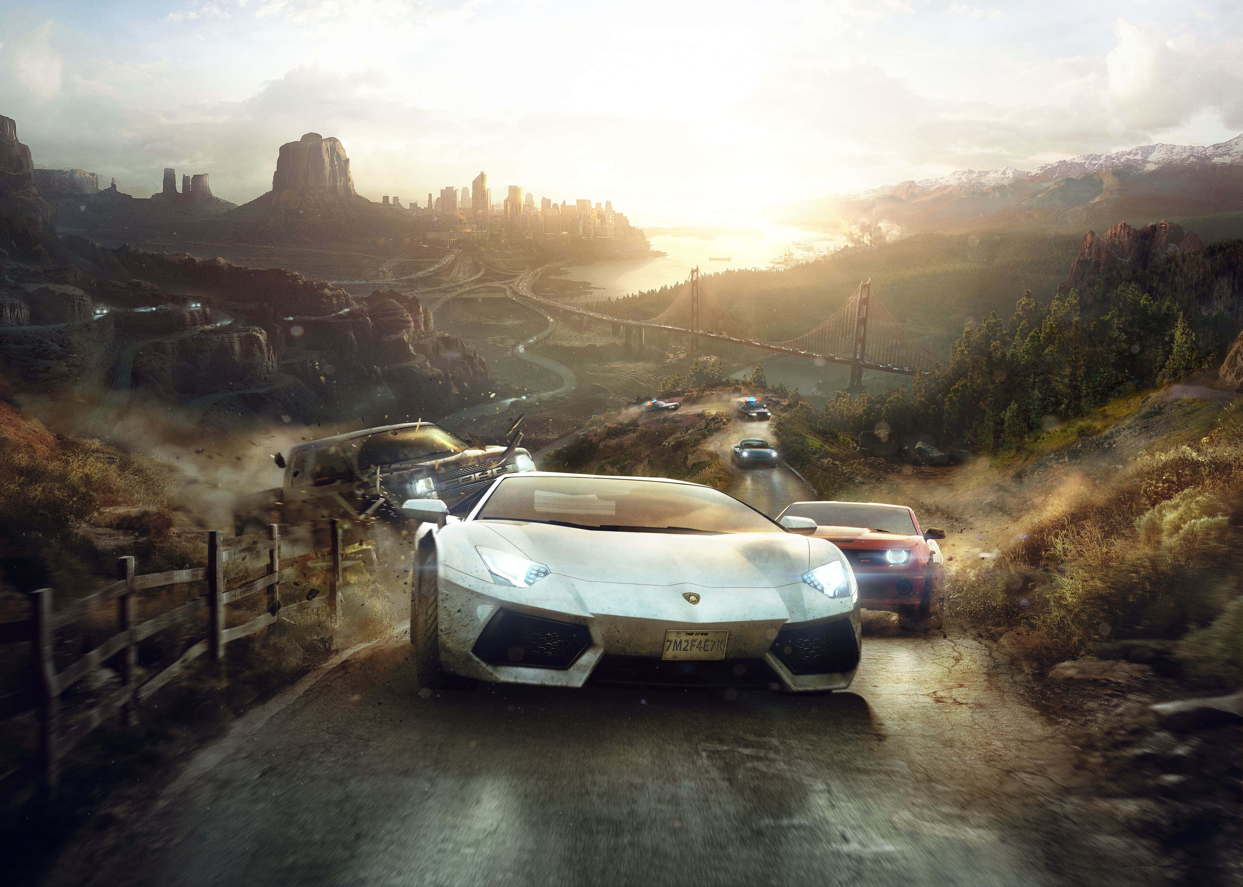 white sports car, dusty mountain road, futuristic city, 4K Desktop Wallpaper