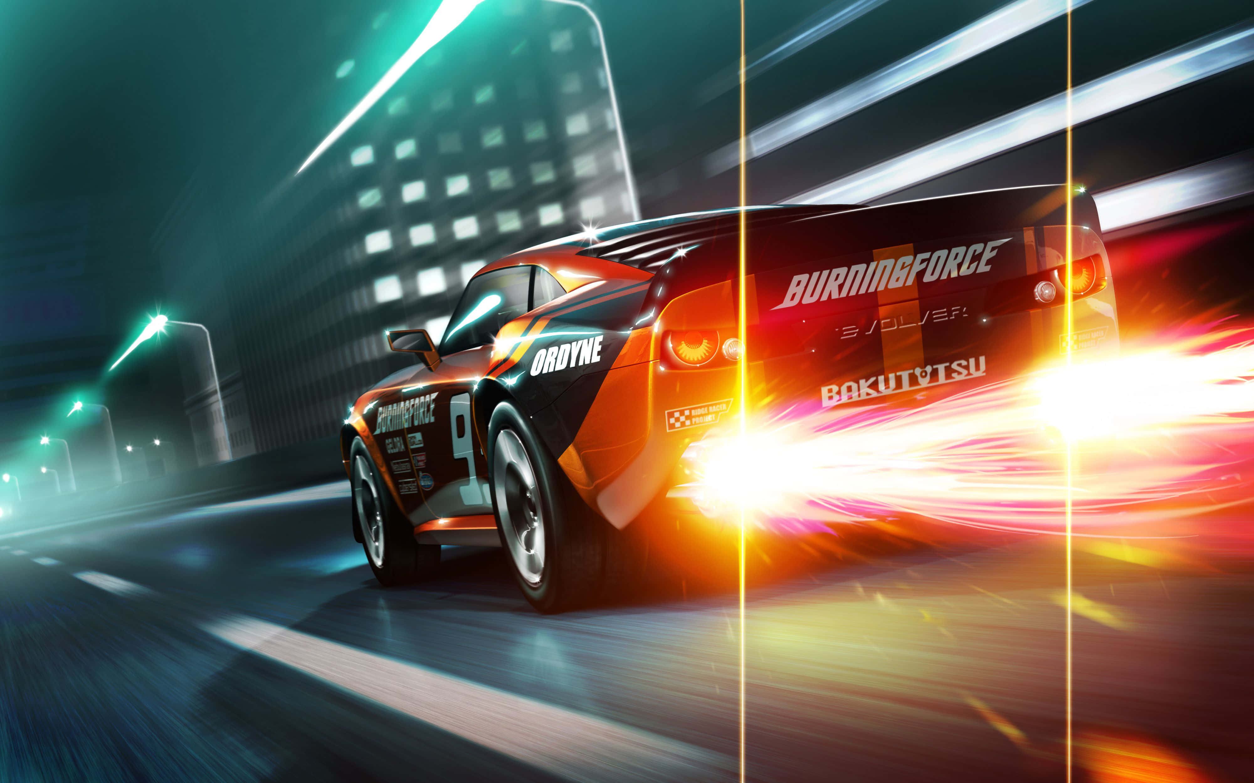 fiery orange race car, neon-lit city street, night, 4K Desktop Wallpaper