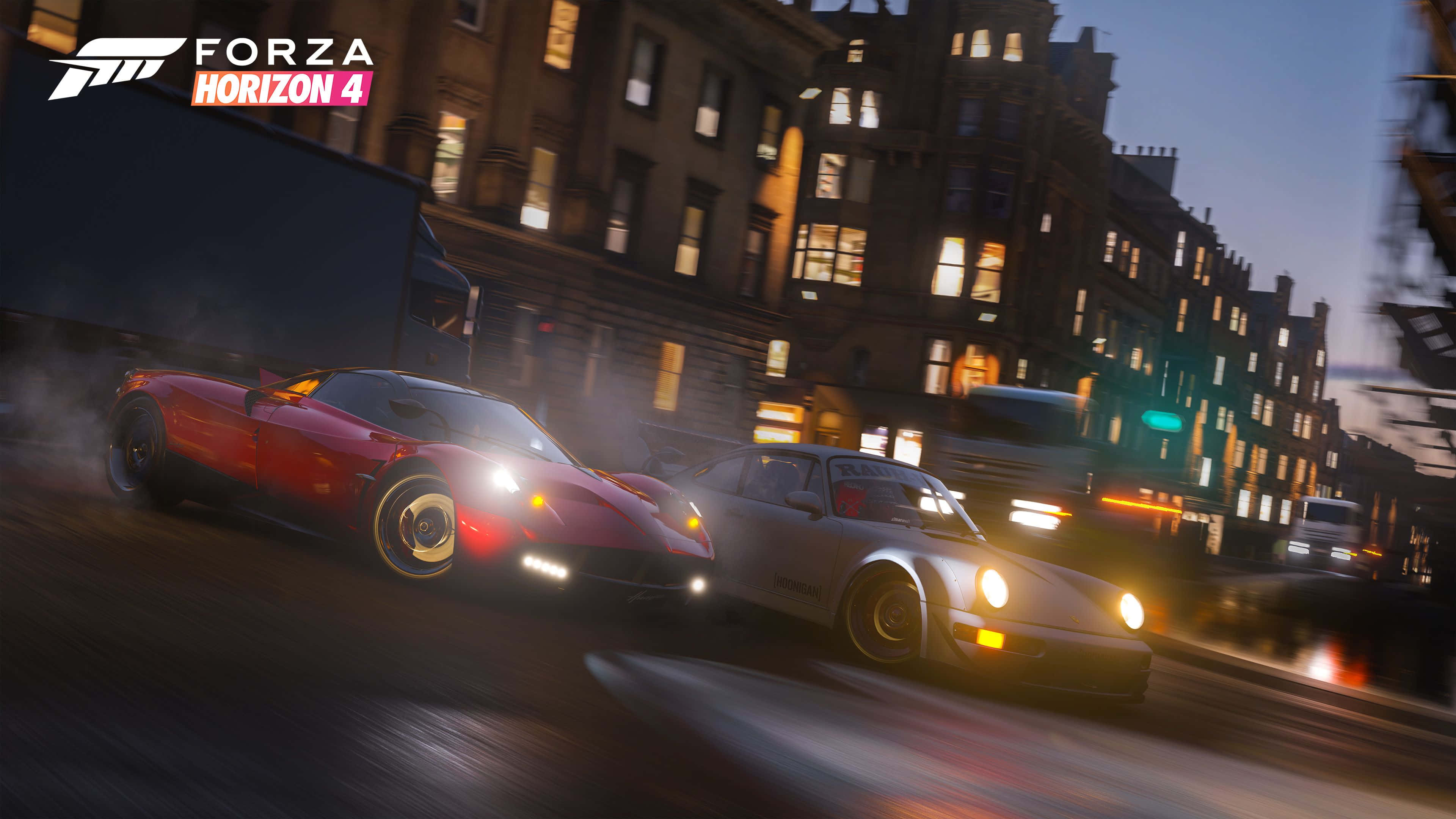 red sports car, silver coupe, wet city street, 4K Desktop Wallpaper