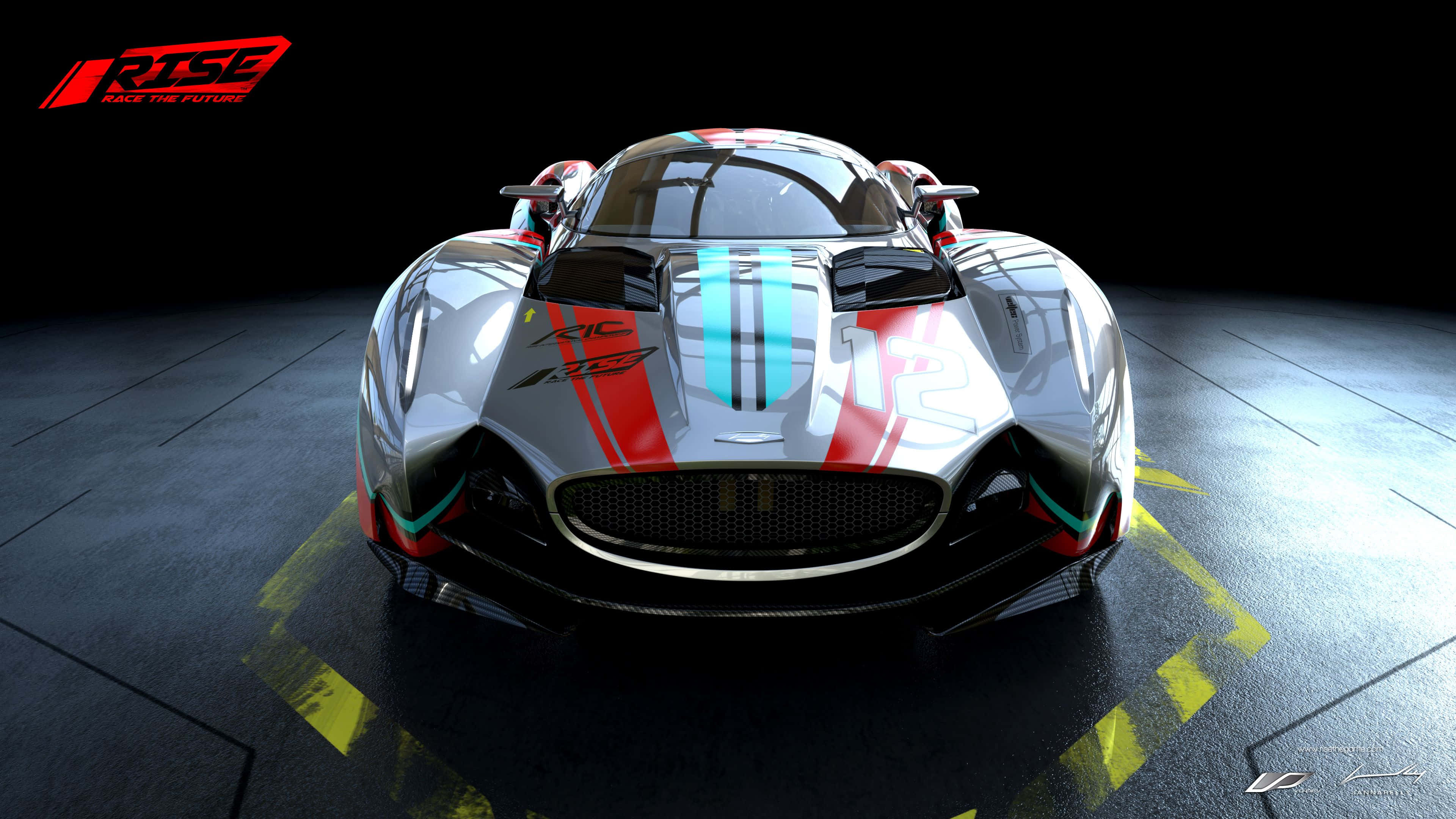 futuristic race car, silver red and blue stripes, dark floor, 4K Desktop Wallpaper