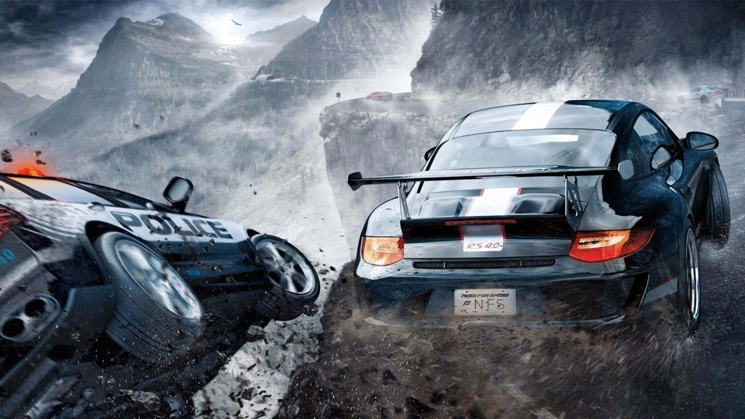 black sports car, flipped police car, mountain road, 2K Desktop Wallpaper