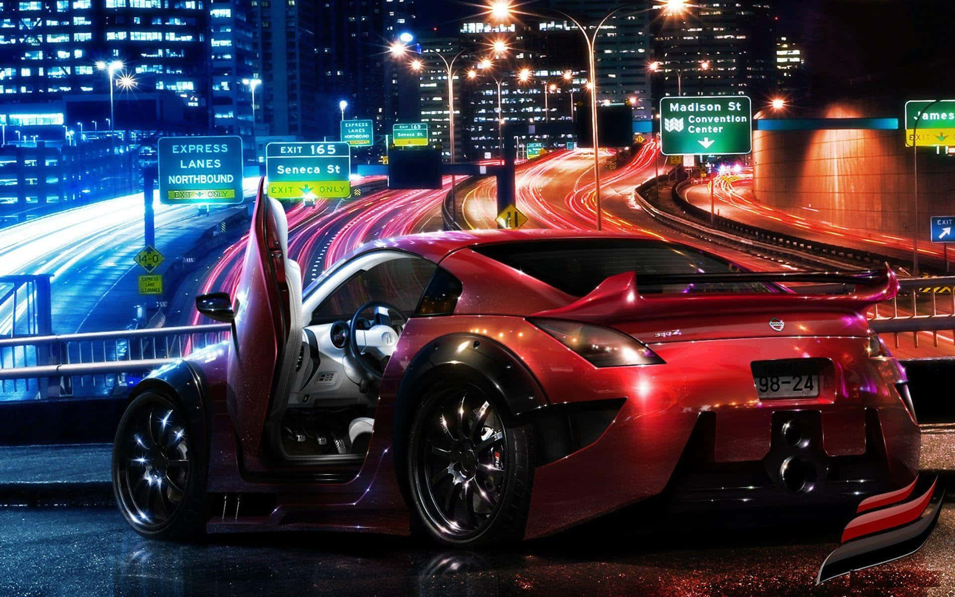 glossy red sports car, wet highway, night, Full HD Desktop Wallpaper