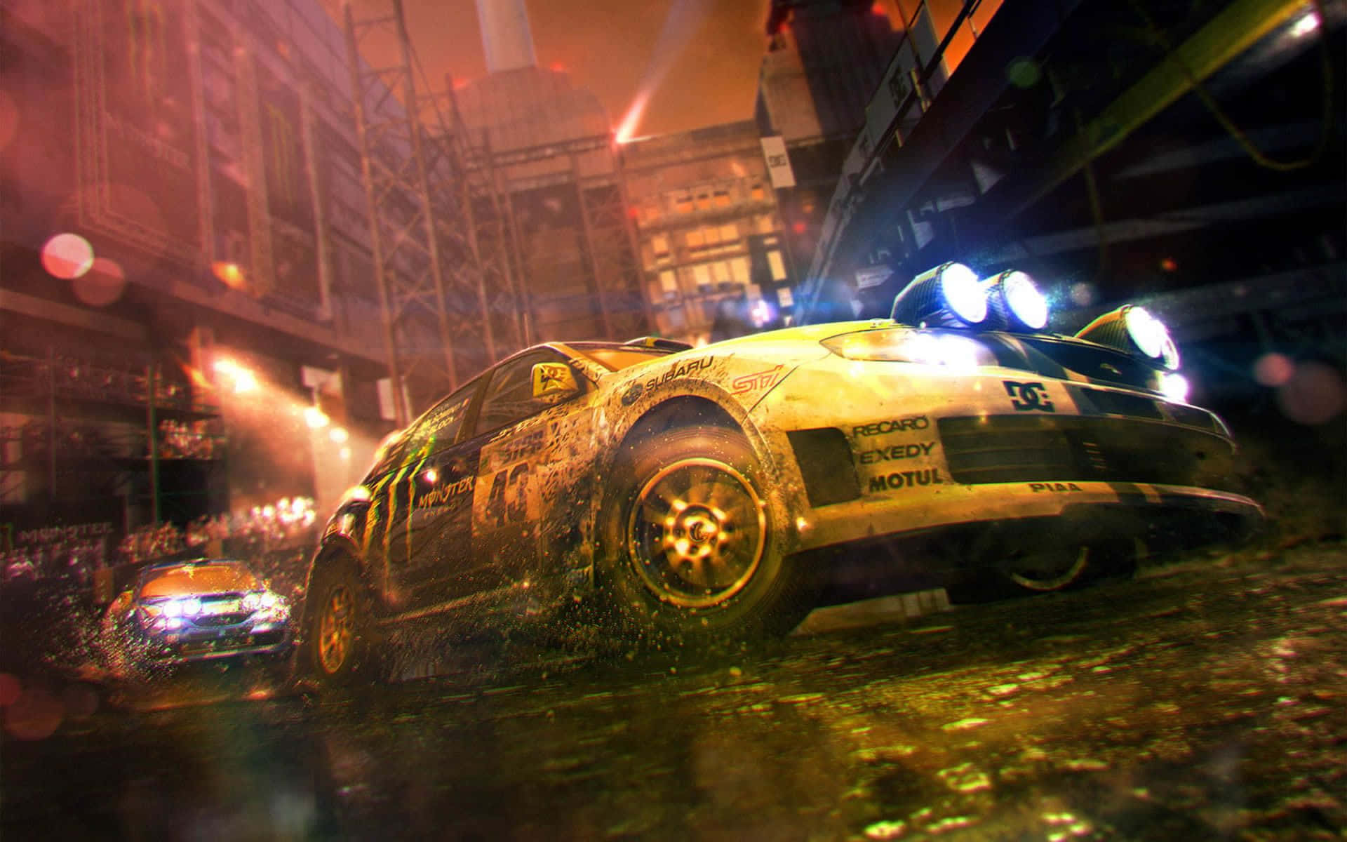 rally car, rain-slicked urban street, night, Full HD Desktop Wallpaper