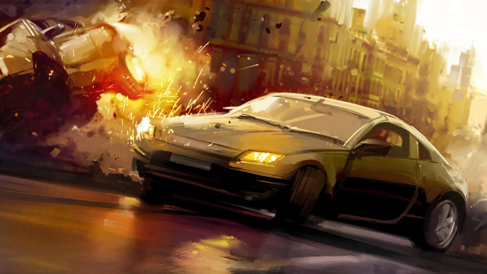 sleek yellow sports car, city street, explosion, Full HD Desktop Wallpaper