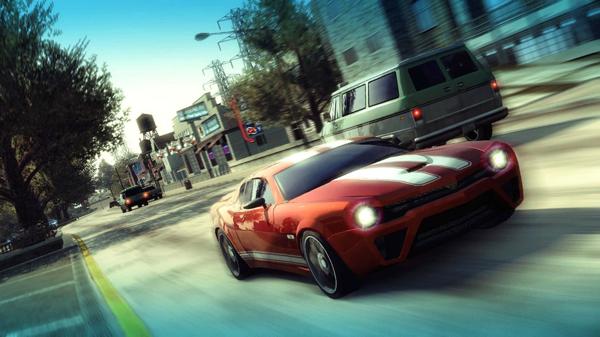red muscle car, white stripes, sunlit city street, Full HD Desktop Wallpaper