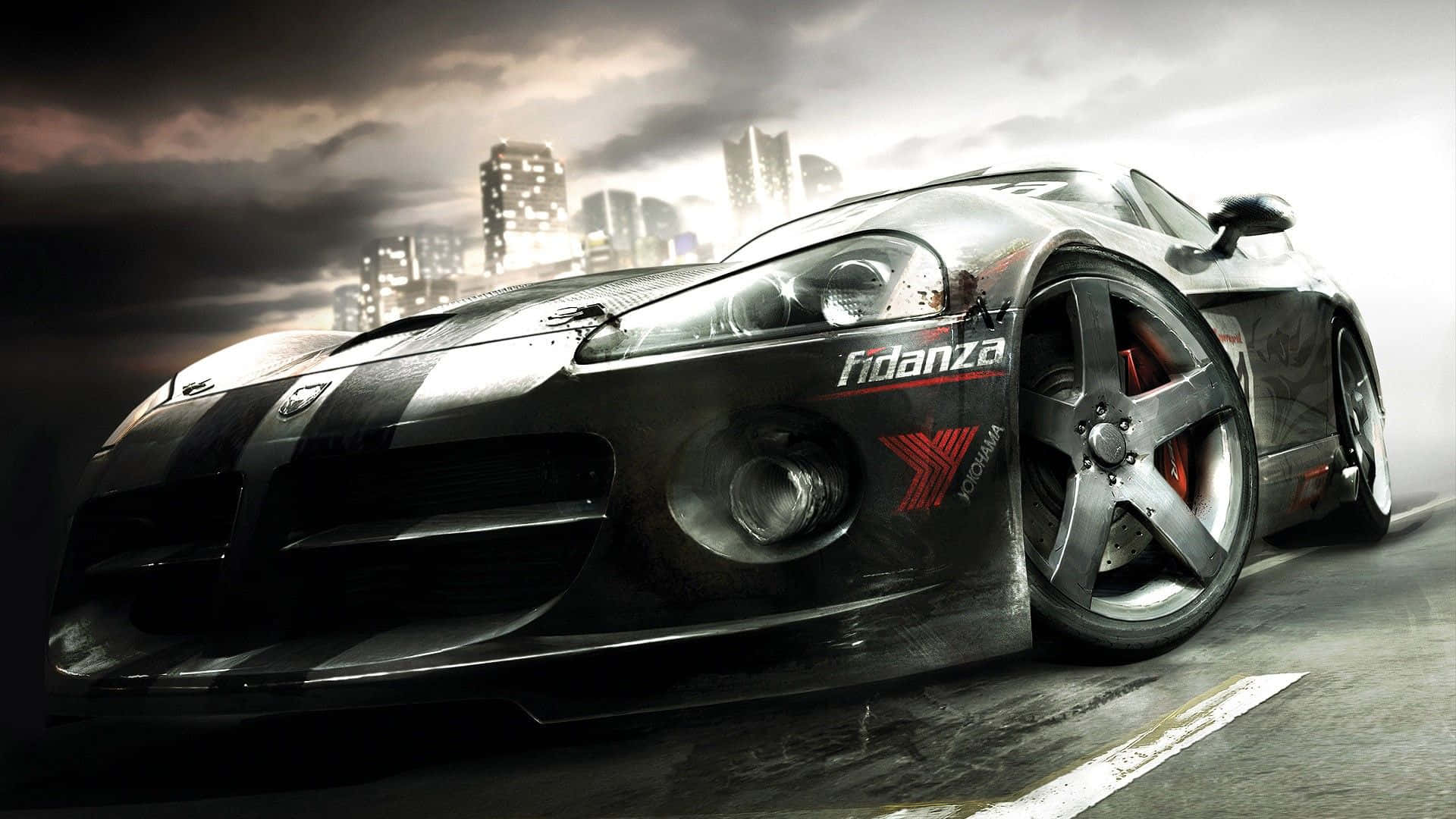 sleek black sports car, red accents, rainy urban street, Full HD Desktop Wallpaper