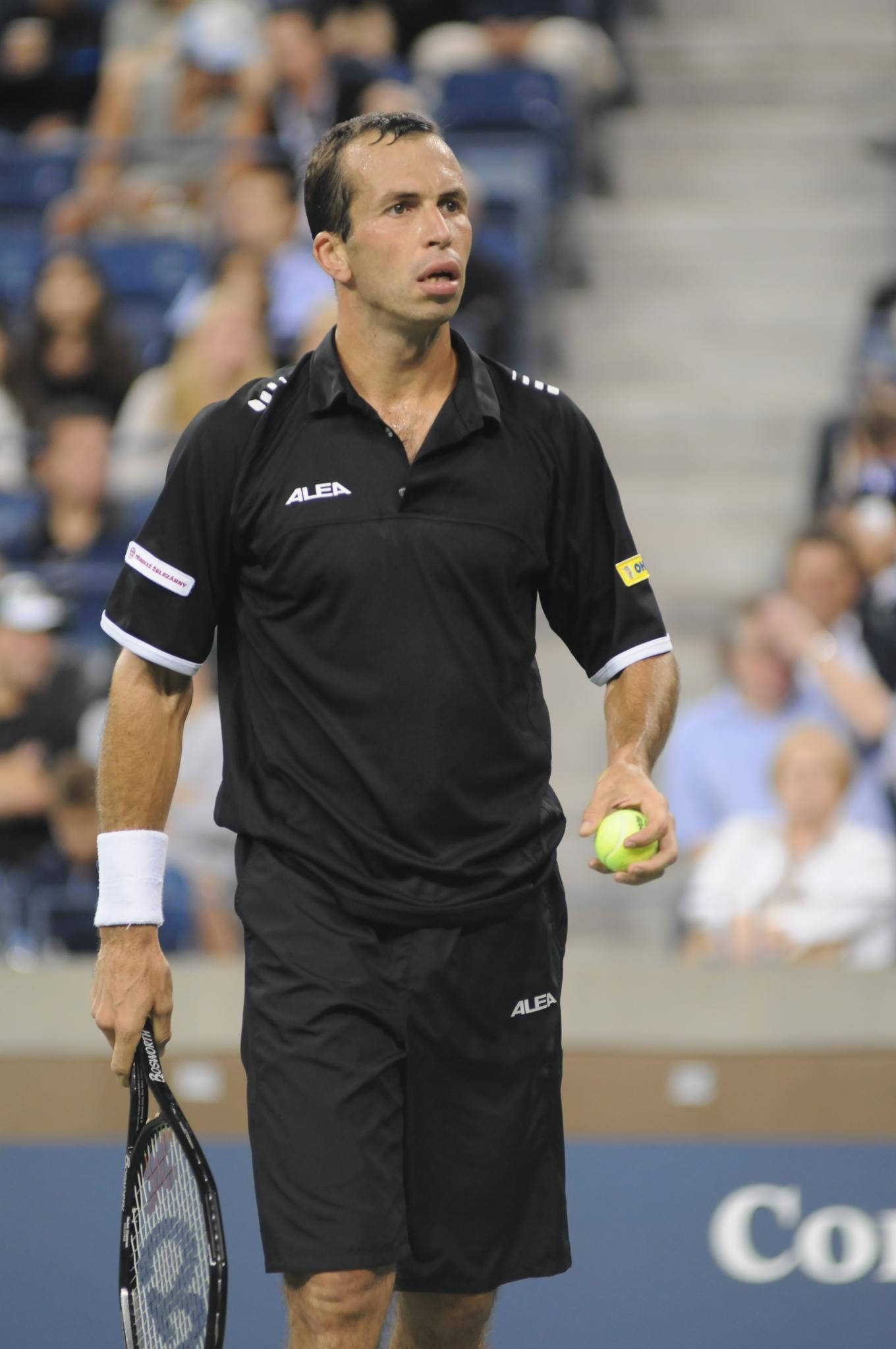 Radek Stepanek, black tennis outfit, lit court, Full HD Phone Wallpaper