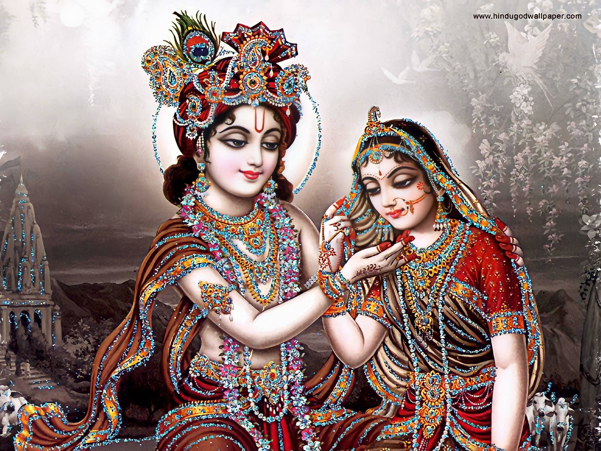 Radha Krishna 3d, brown garments, intricate jeweled attire, Full HD Desktop Wallpaper