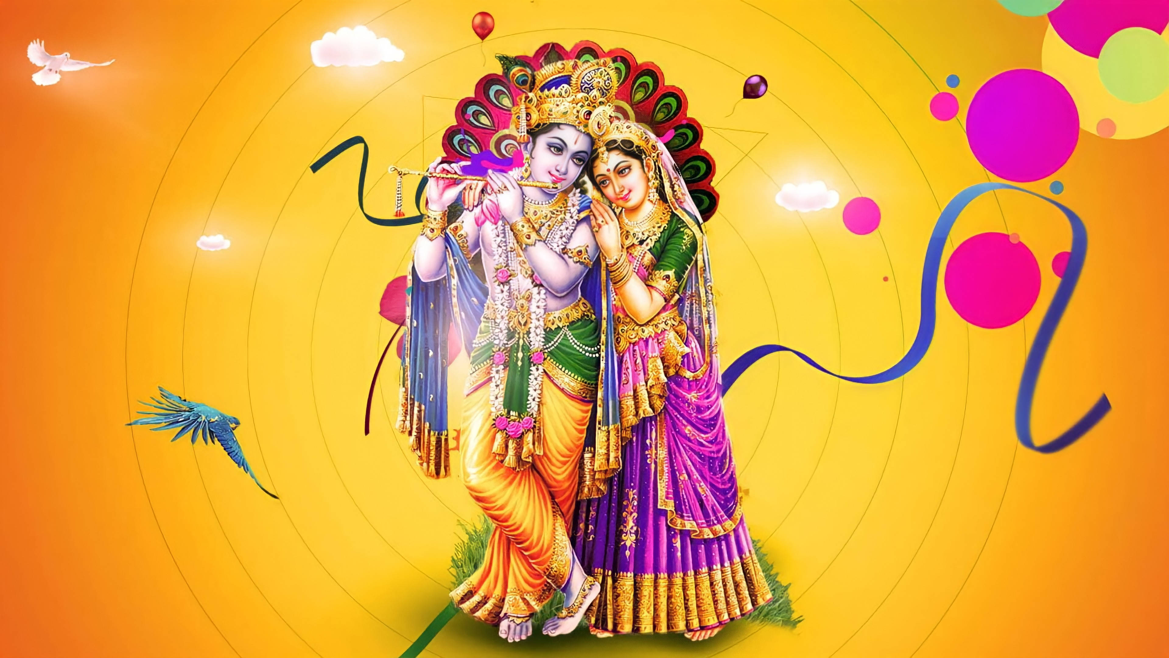 Radha Krishna 3d, yellow background, Krishna, 4K Desktop Wallpaper