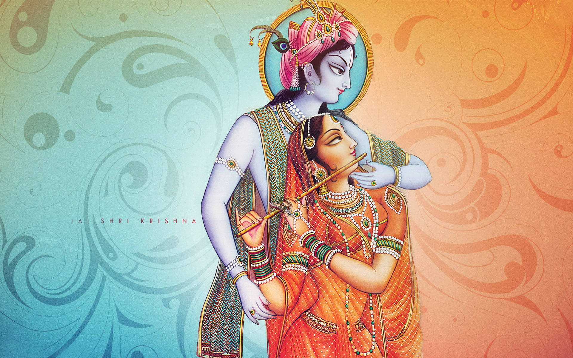 Radha Krishna, 3D, blue and orange background, Full HD Desktop Wallpaper