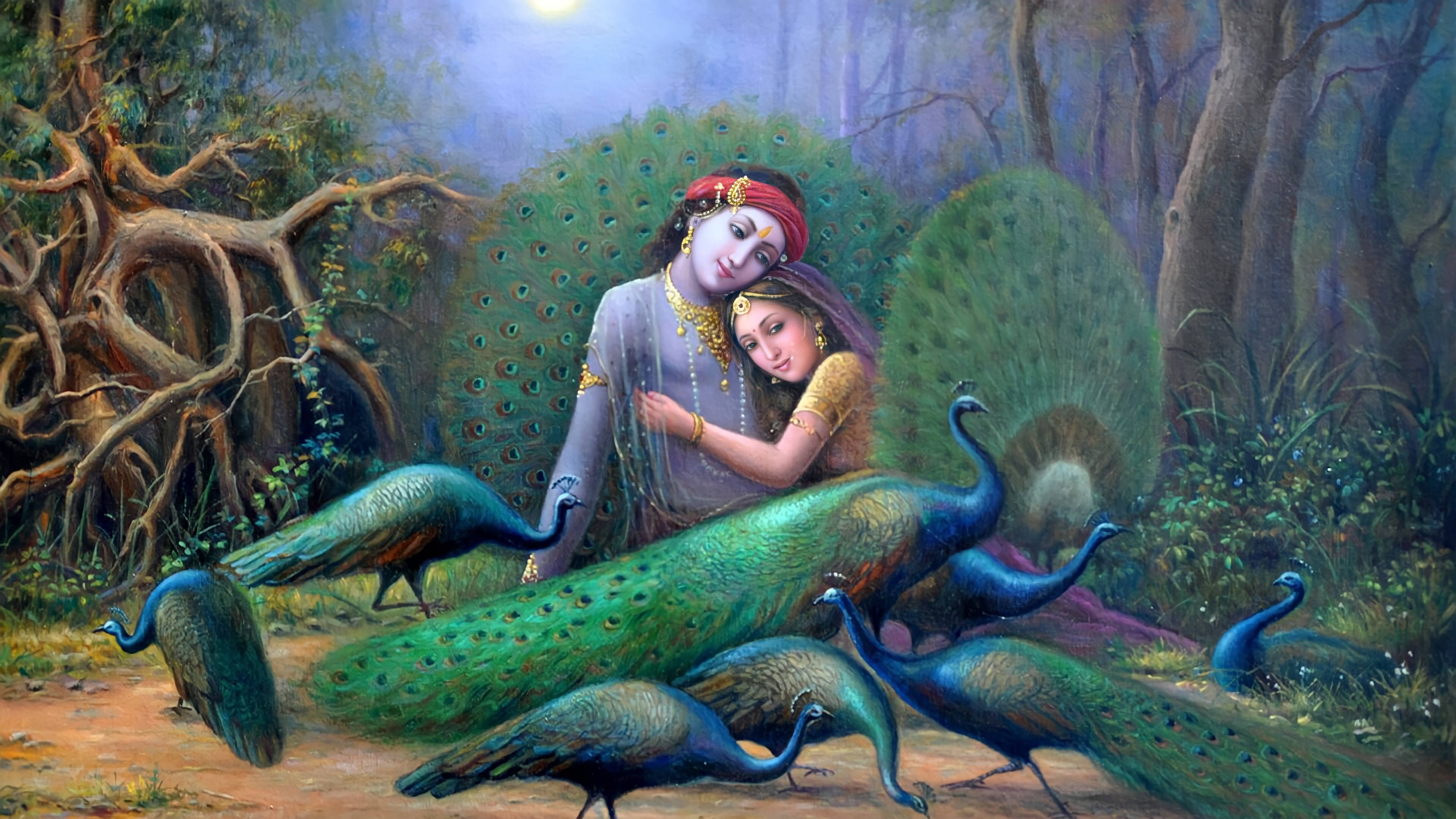 Radha Krishna 3d, family of peacocks, mystical forest, 4K Desktop Wallpaper