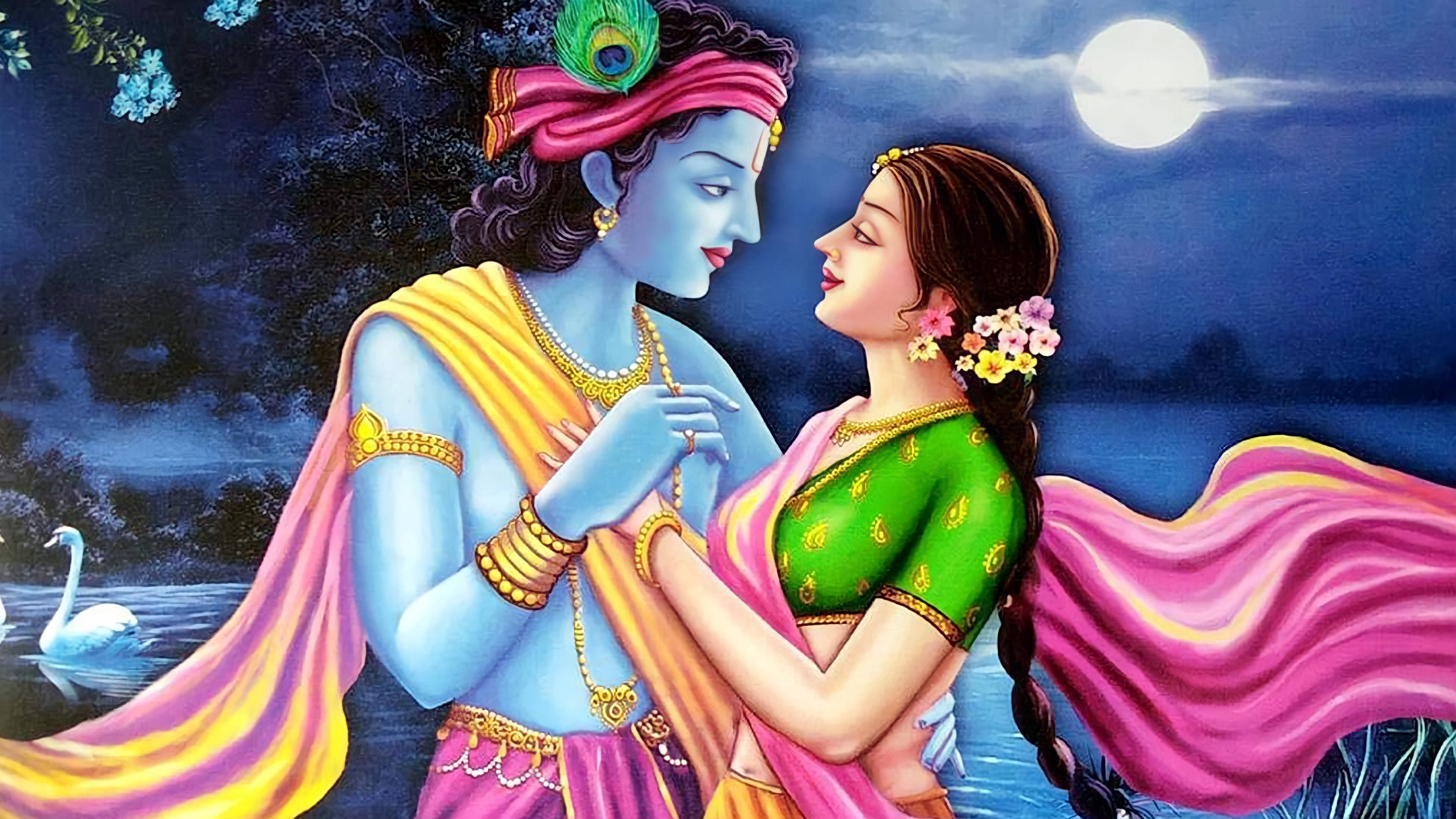 Radha Krishna 3d, blue-skinned deity, full moon, 4K Desktop Wallpaper