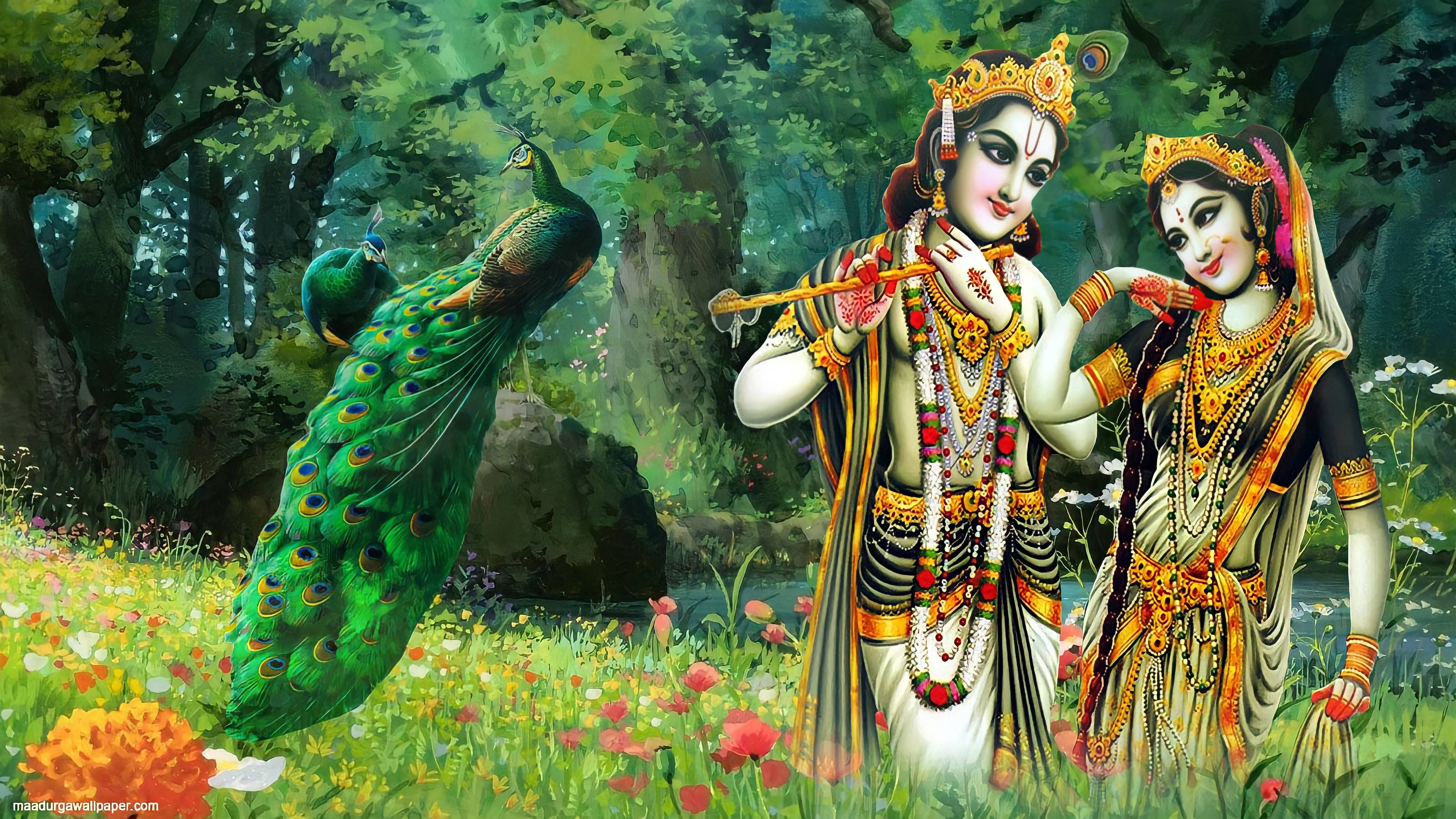 Radha Krishna 3d, middle of forest, flute, 2K Desktop Wallpaper