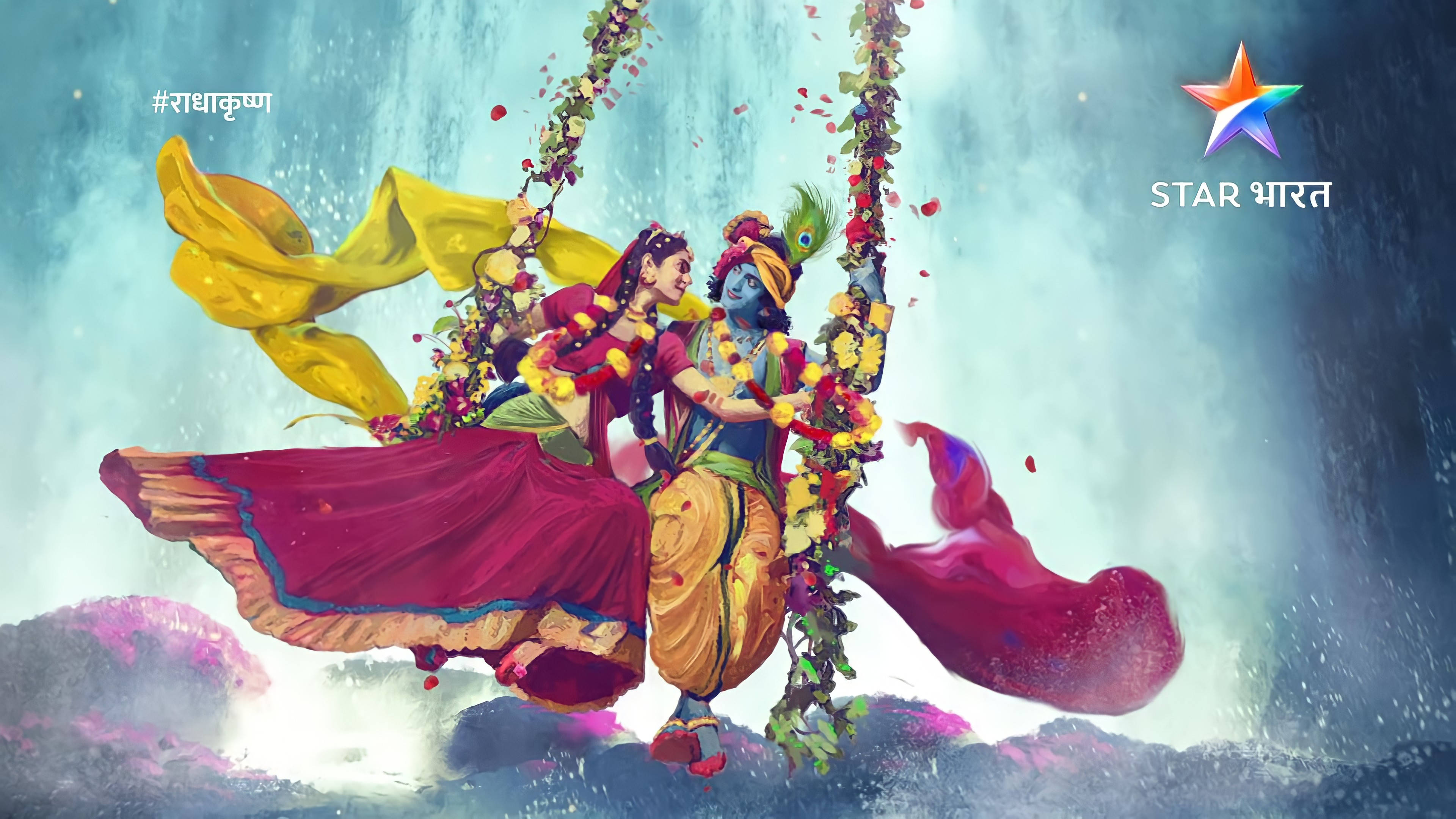 Radha Krishna, 3d, swinging on vines, 4K Desktop Wallpaper