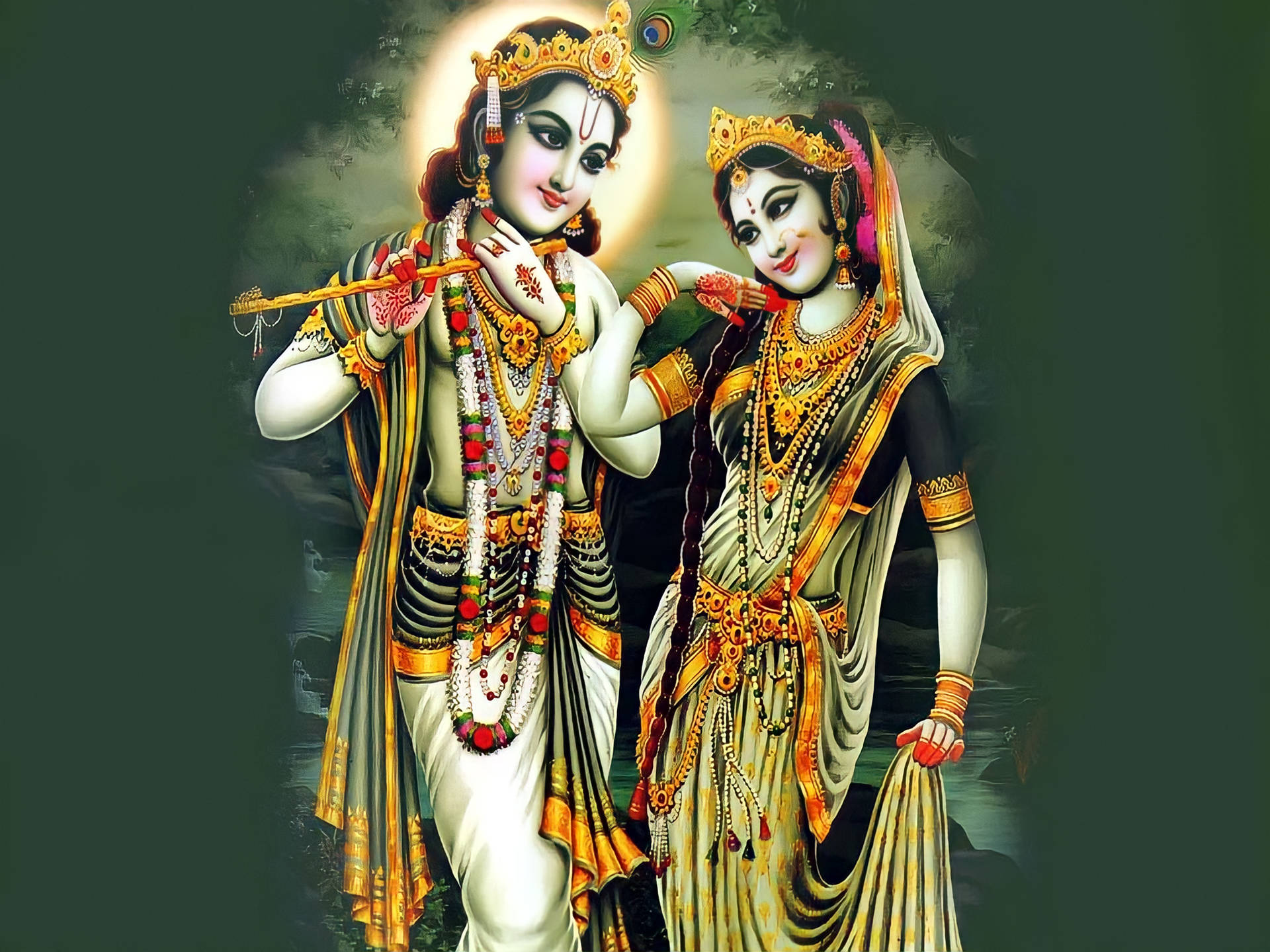 Radha Krishna 3d, traditional green clothing, ornate golden jewelry, Full HD Desktop Wallpaper