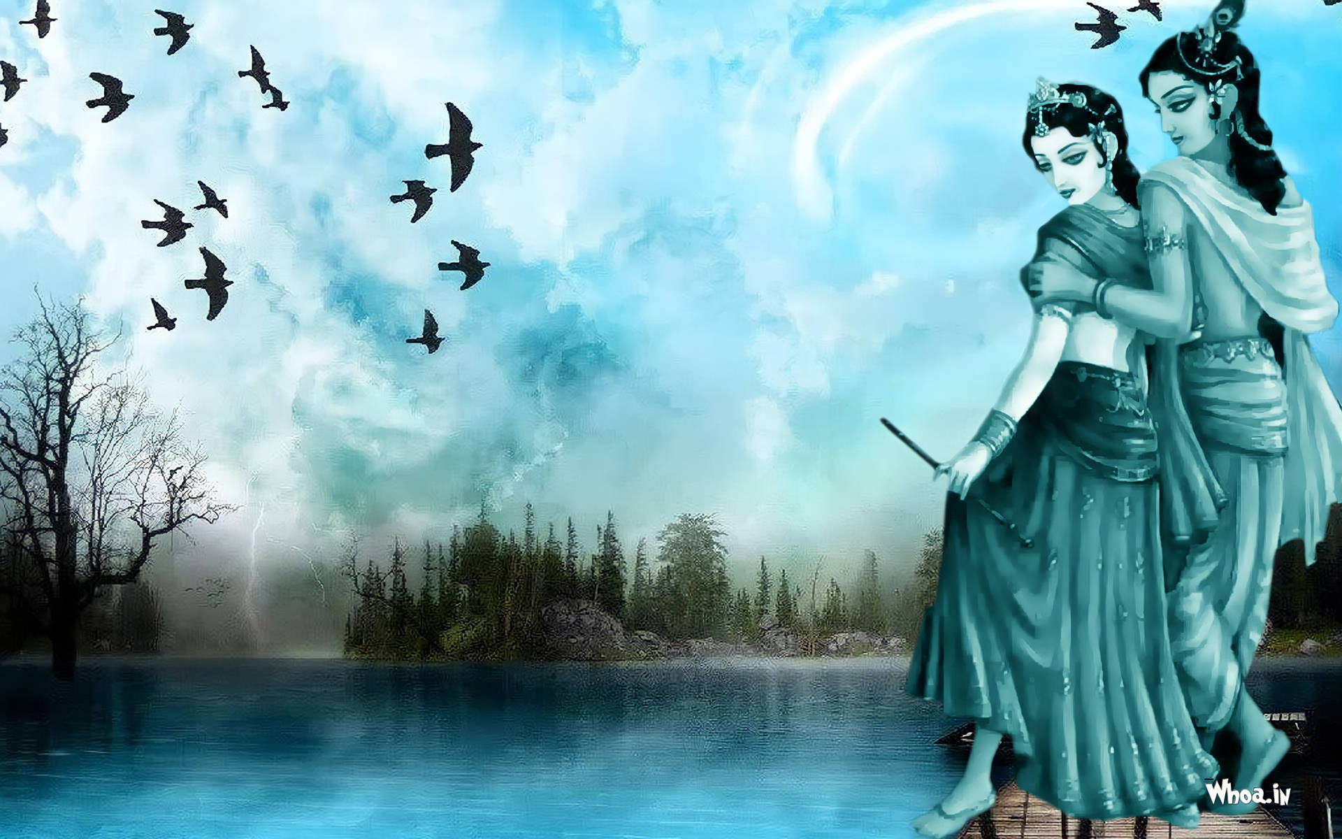 Radha Krishna, 3d, lake deck, Full HD Desktop Wallpaper