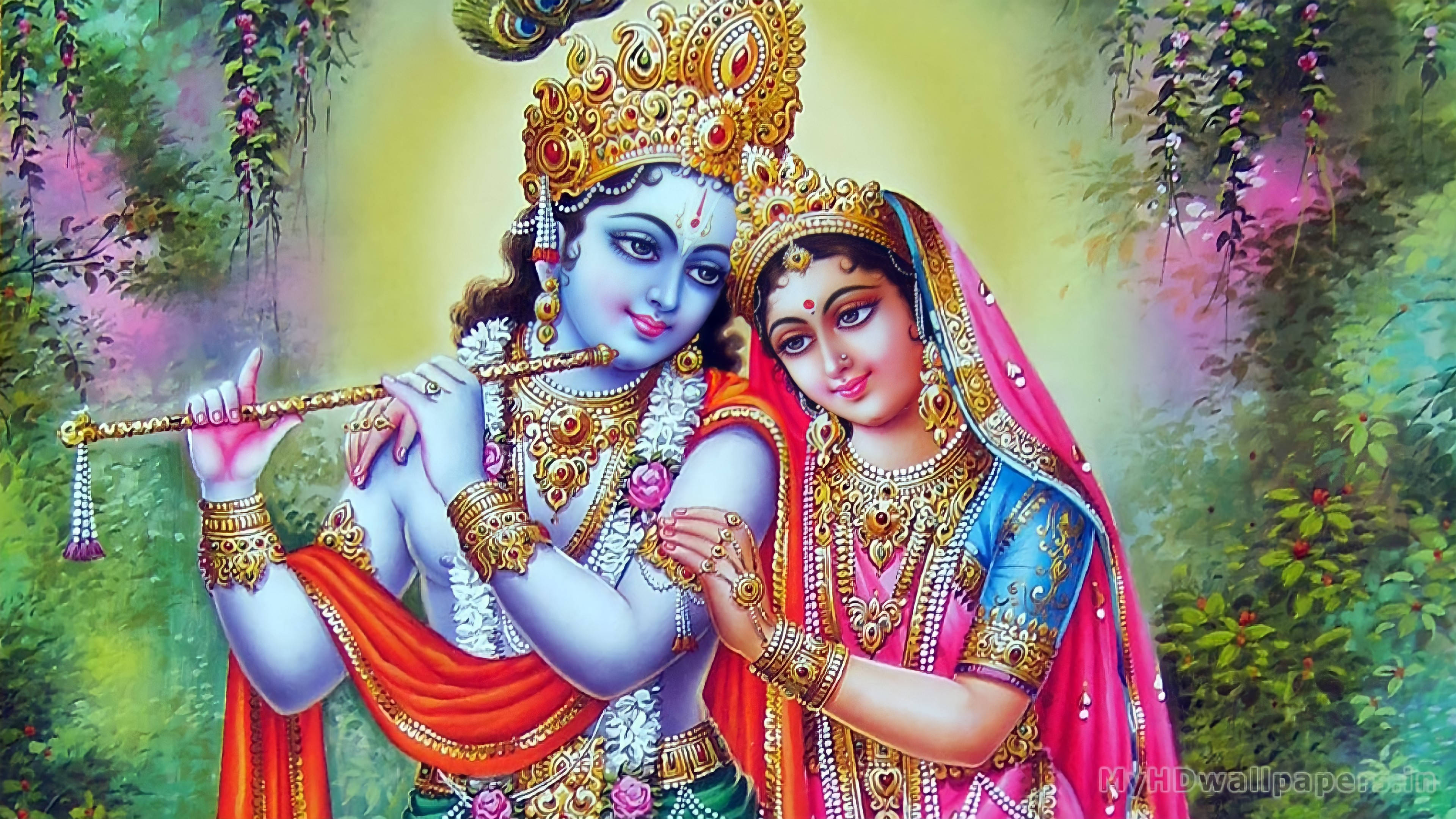 Radha Krishna, golden jewelry, vibrant robes, 4K Desktop Wallpaper