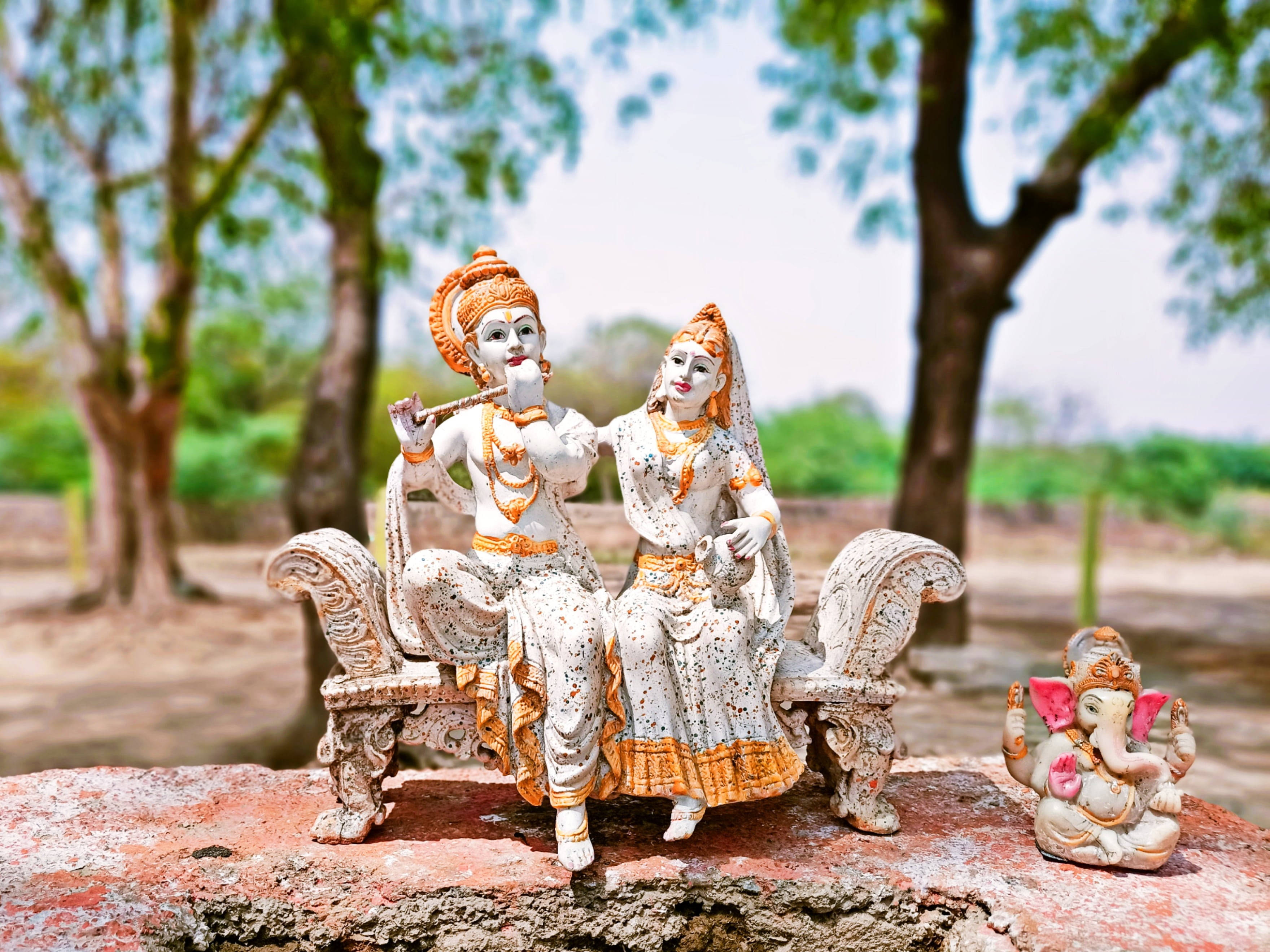 Radha Krishna 3d, Ganesha miniature statues, stone bench, 2K Desktop Wallpaper