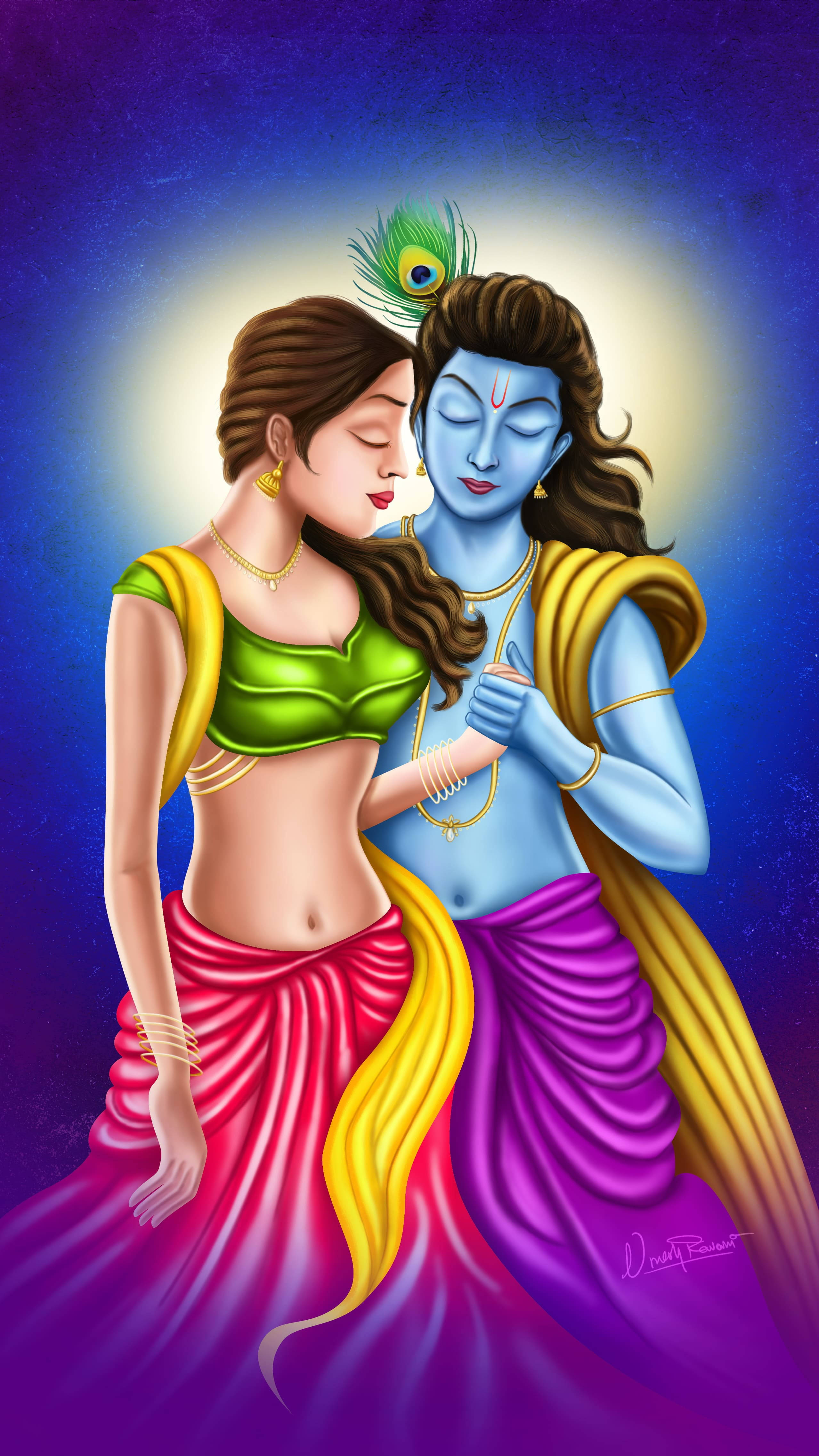 Radha Krishna 3d, vibrant traditional attire, glowing halo, 4K Phone Wallpaper
