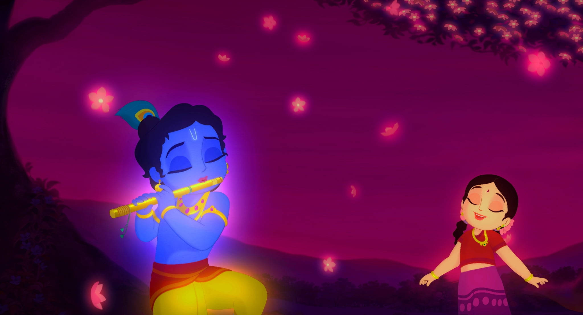 Radha Krishna 3d, pink tree, blue-skinned flute-playing deity, Full HD Desktop Wallpaper
