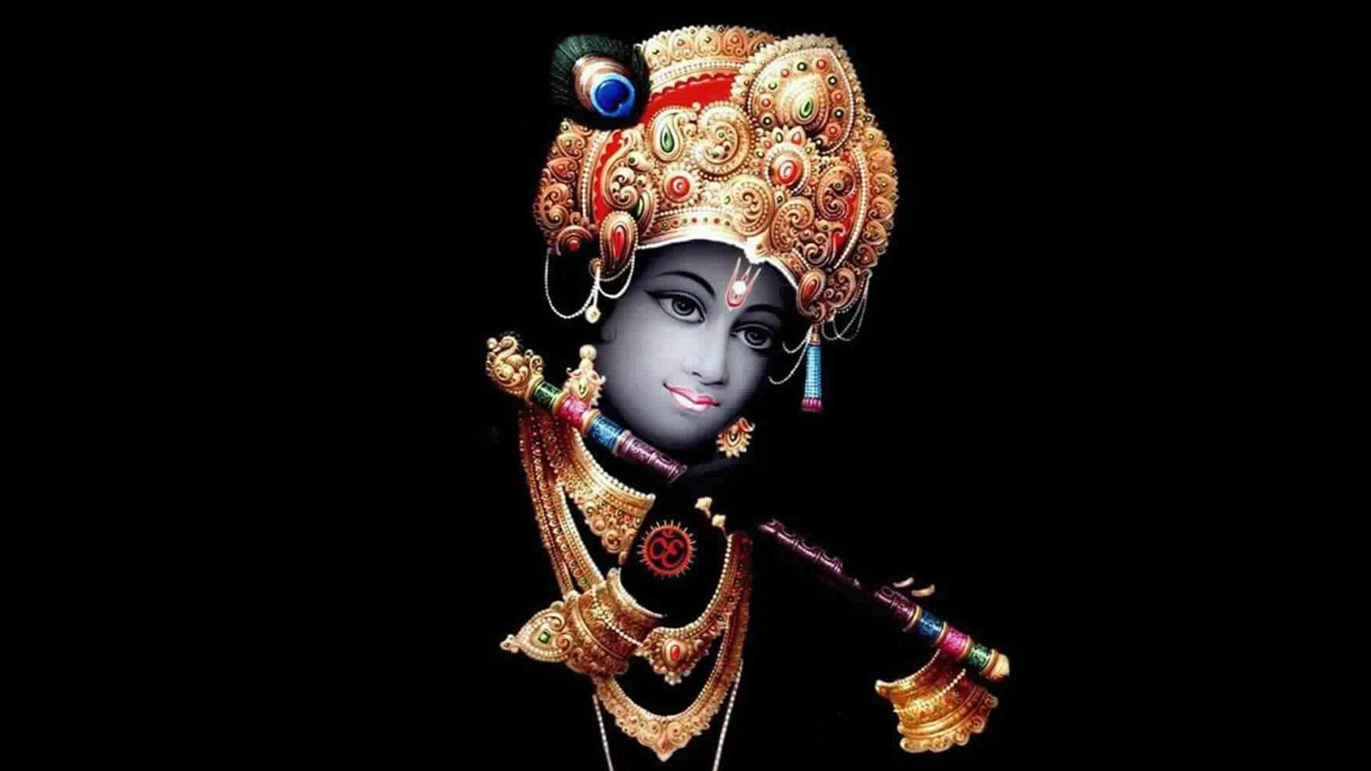 Krishna, golden jewelry, peacock feather crown, Full HD Desktop Wallpaper