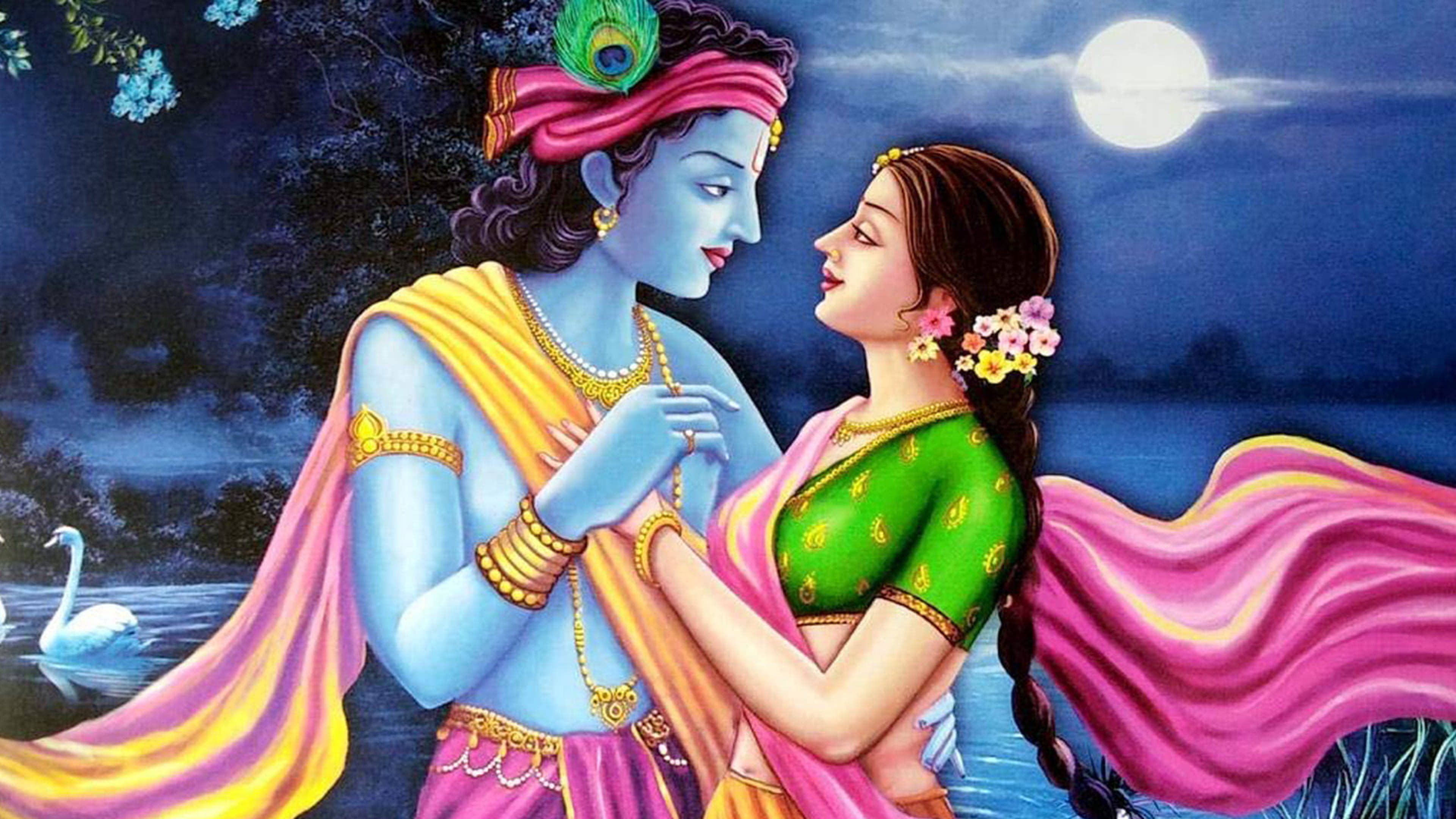 Radha Krishna, blue-skinned, vibrant green and pink attire, 4K Desktop Wallpaper