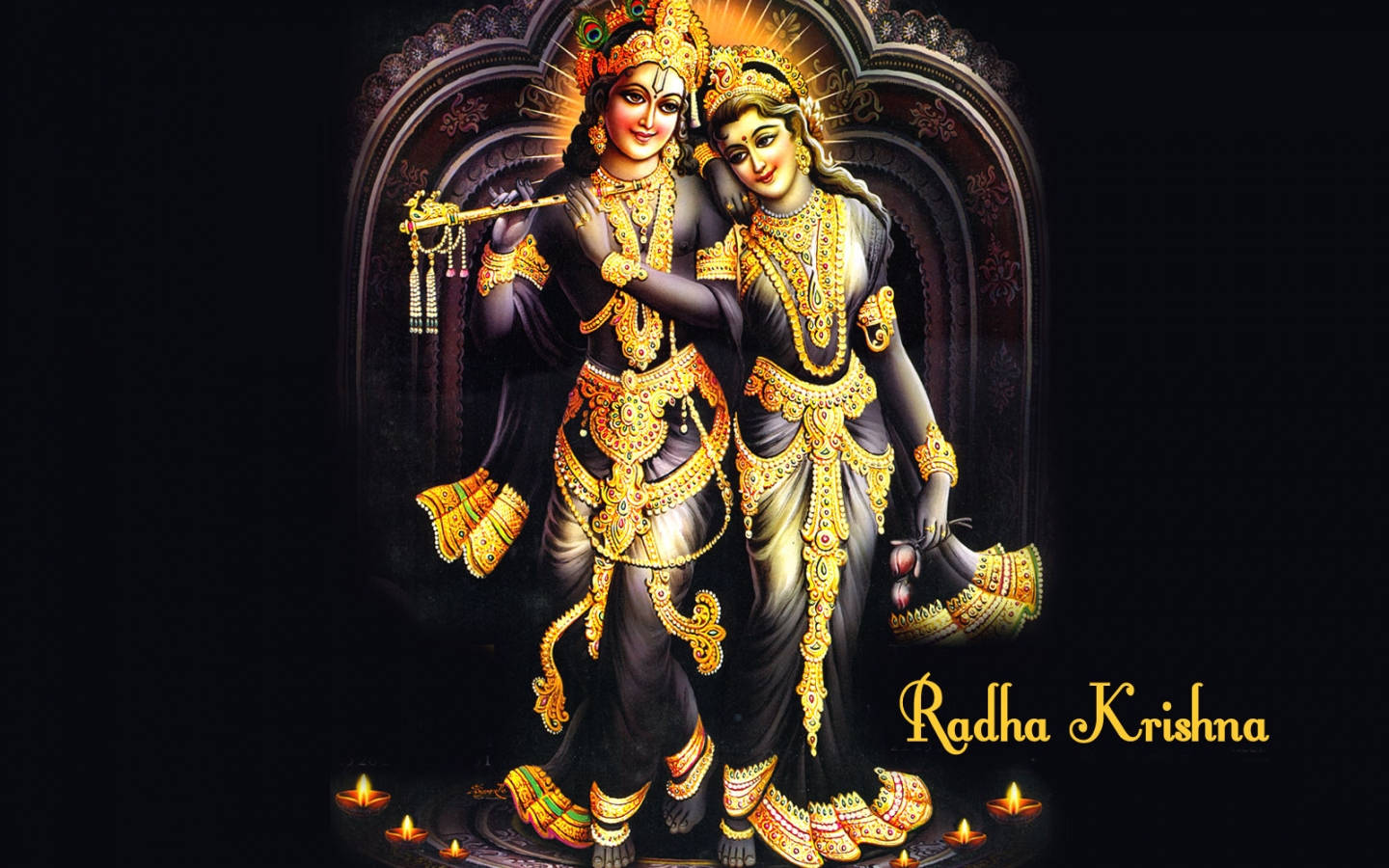 Radha and Krishna, golden jewelry, radiant arch, HD Desktop Wallpaper