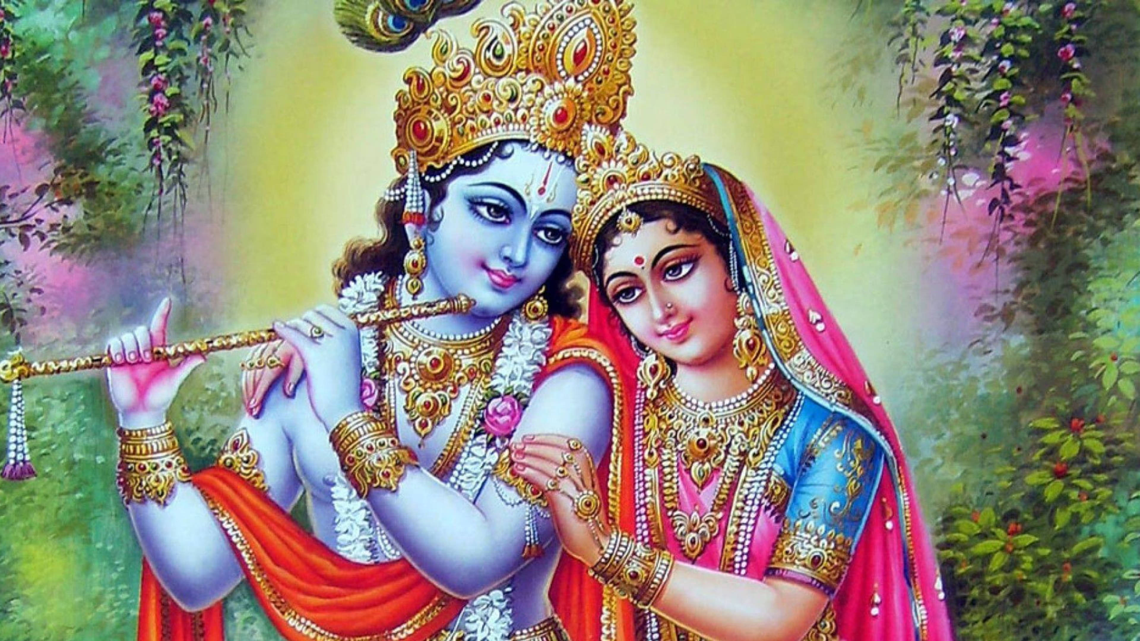 Radha Krishna, golden jewelry, vibrant robes, 4K Desktop Wallpaper
