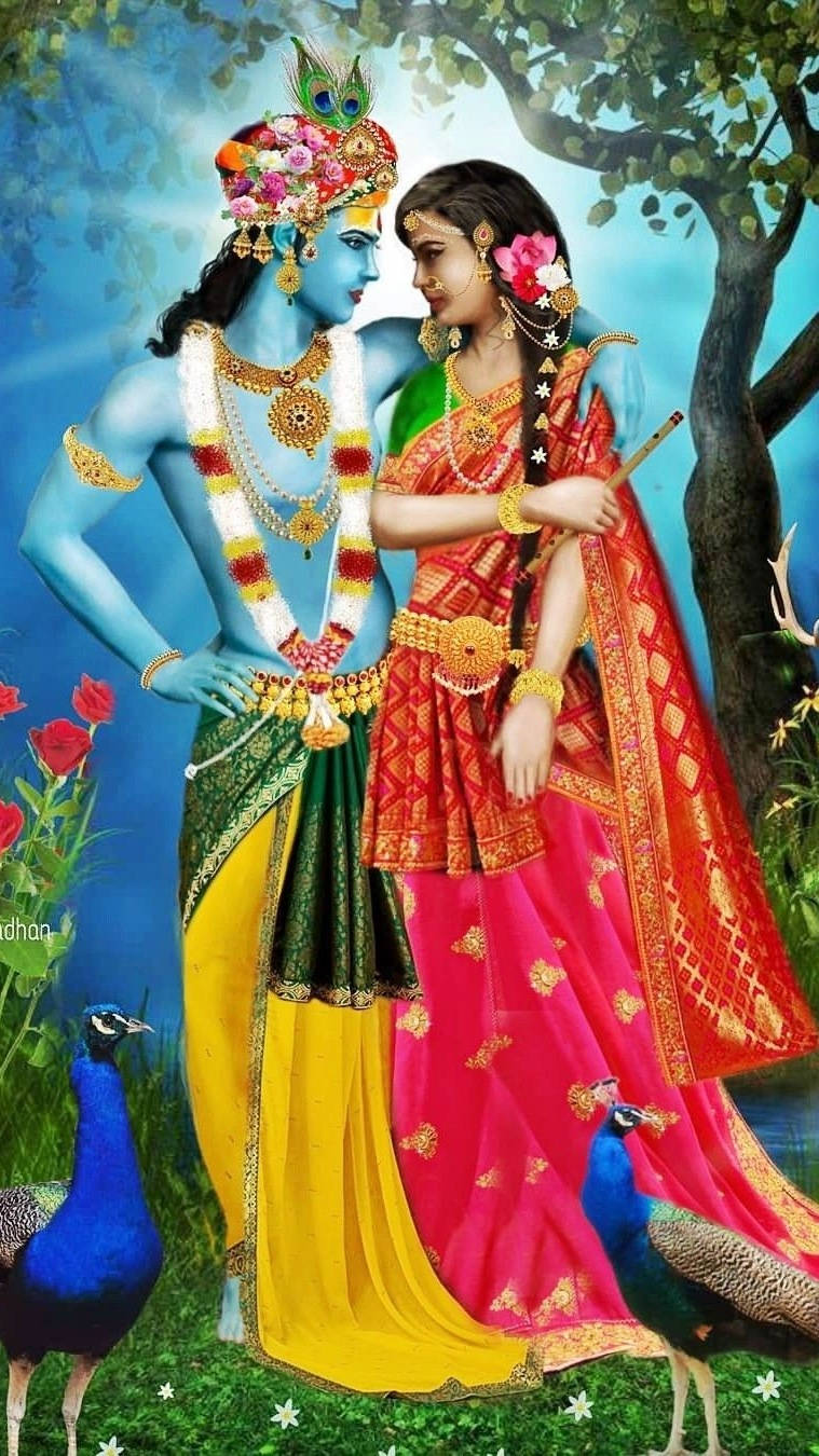 Radha Krishna, peacock, blue-skinned deity, HD Phone Wallpaper