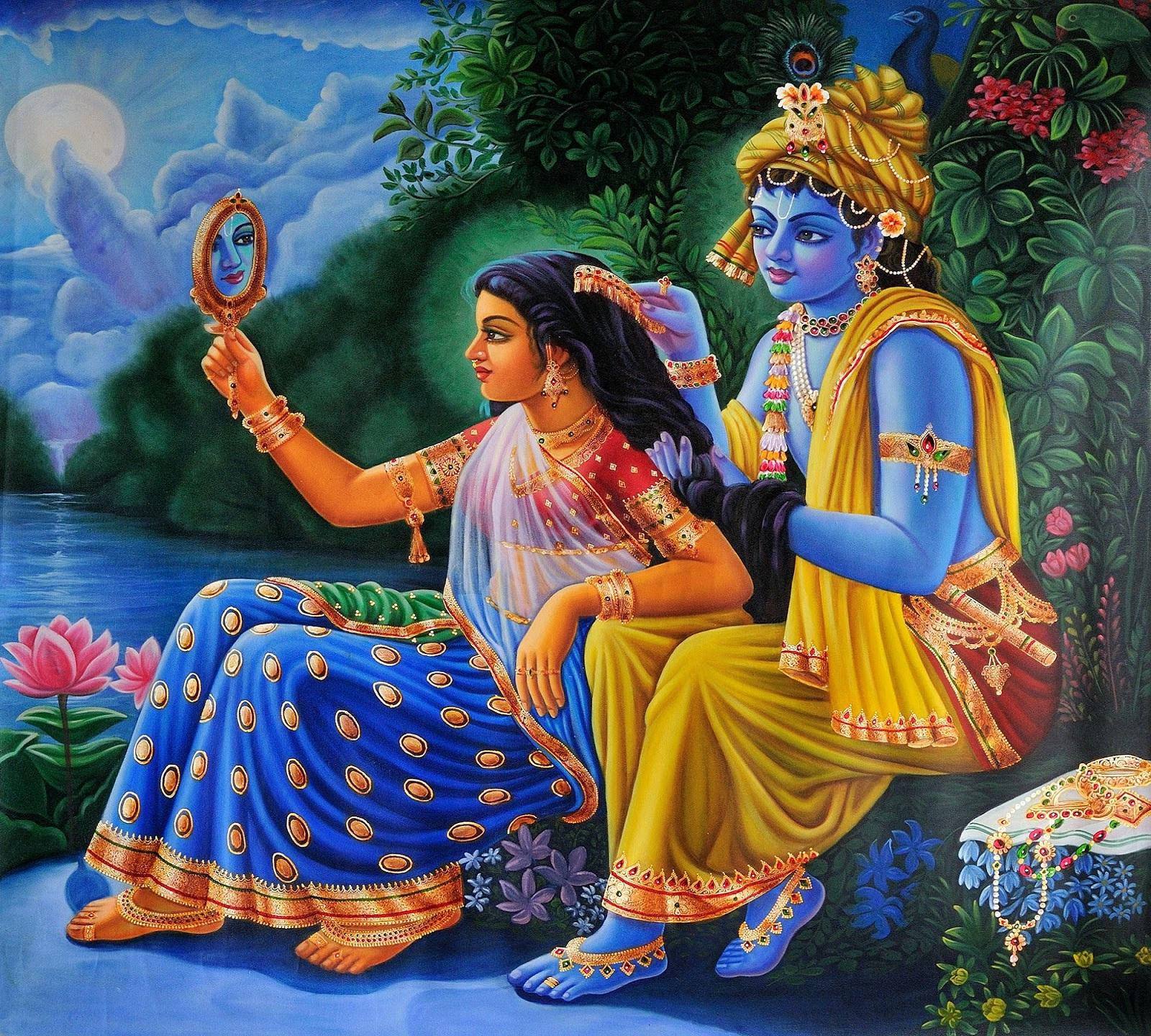 Radha Krishna, blue-skinned deity, golden robes, HD Desktop Wallpaper