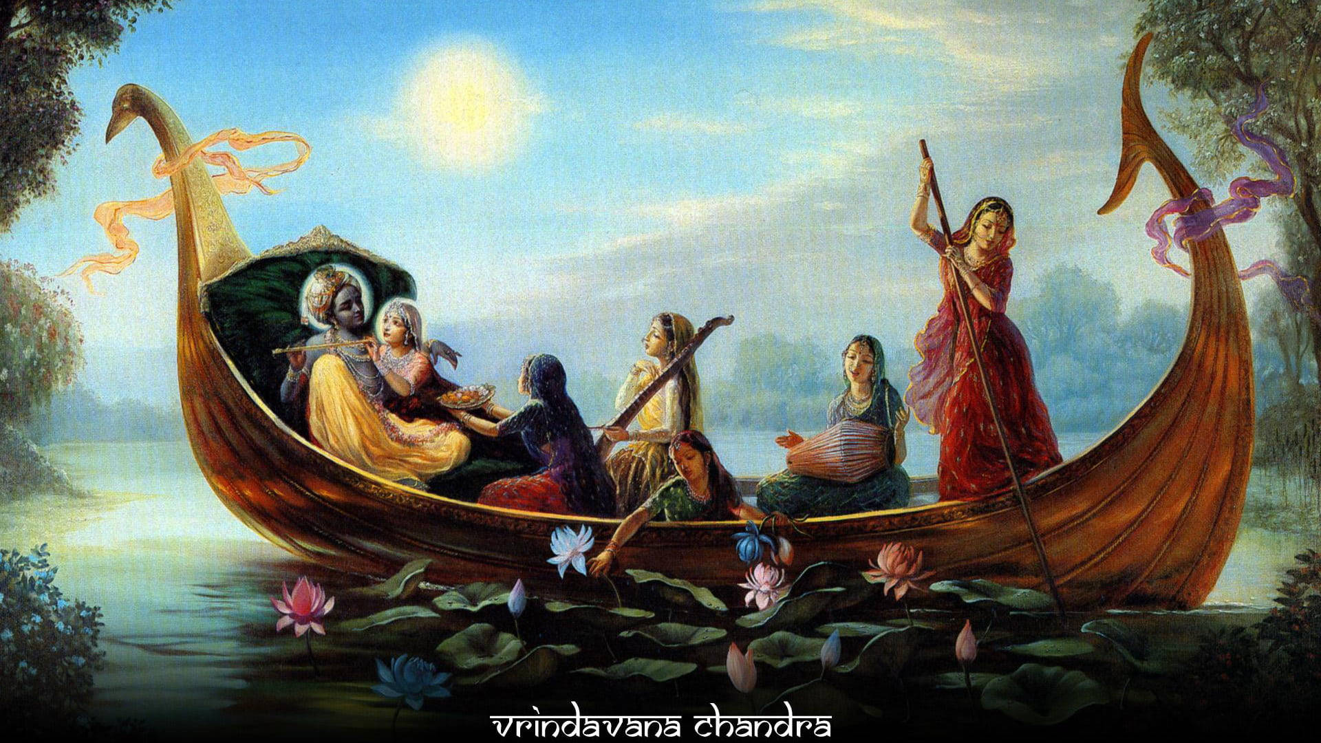 Krishna, gopis, wooden boat, Full HD Desktop Wallpaper