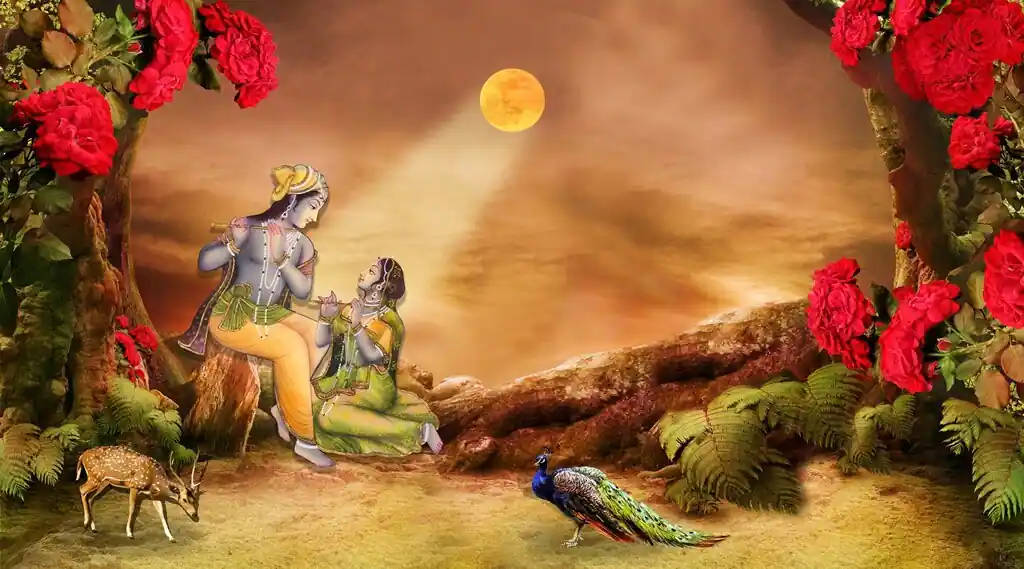 Radha Krishna, yellow moon, glowing moon, SD Desktop Wallpaper