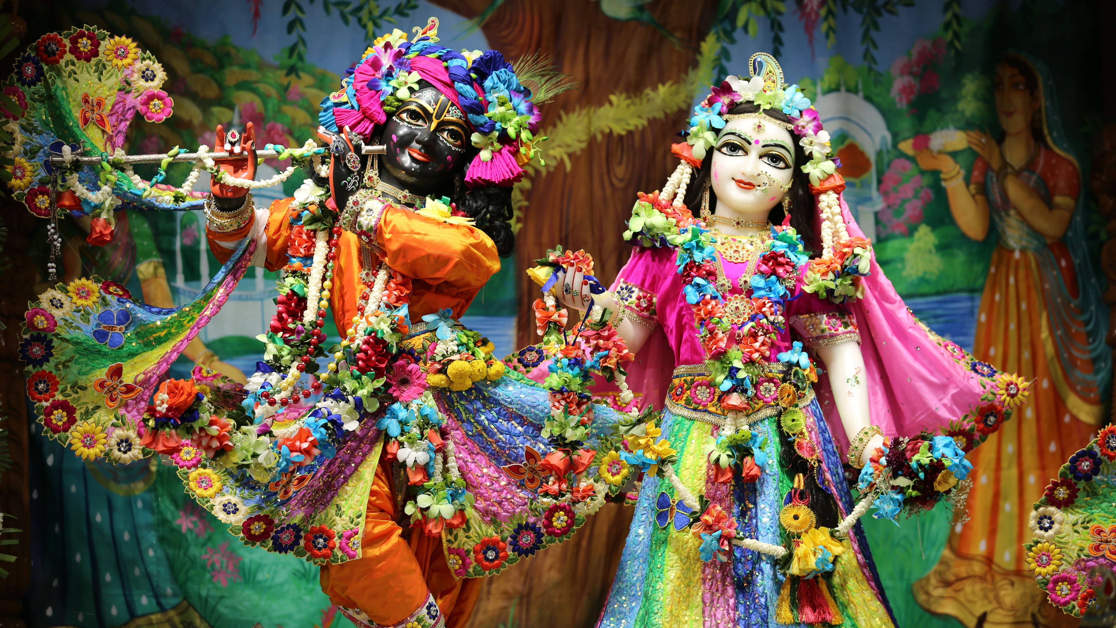 Radha Krishna, rainbow, colorful floral garlands, 4K Desktop Wallpaper