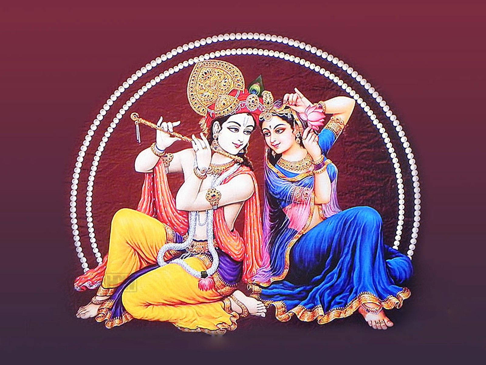 Radha Krishna, maroon background, pearl-encircled frame, HD Desktop Wallpaper
