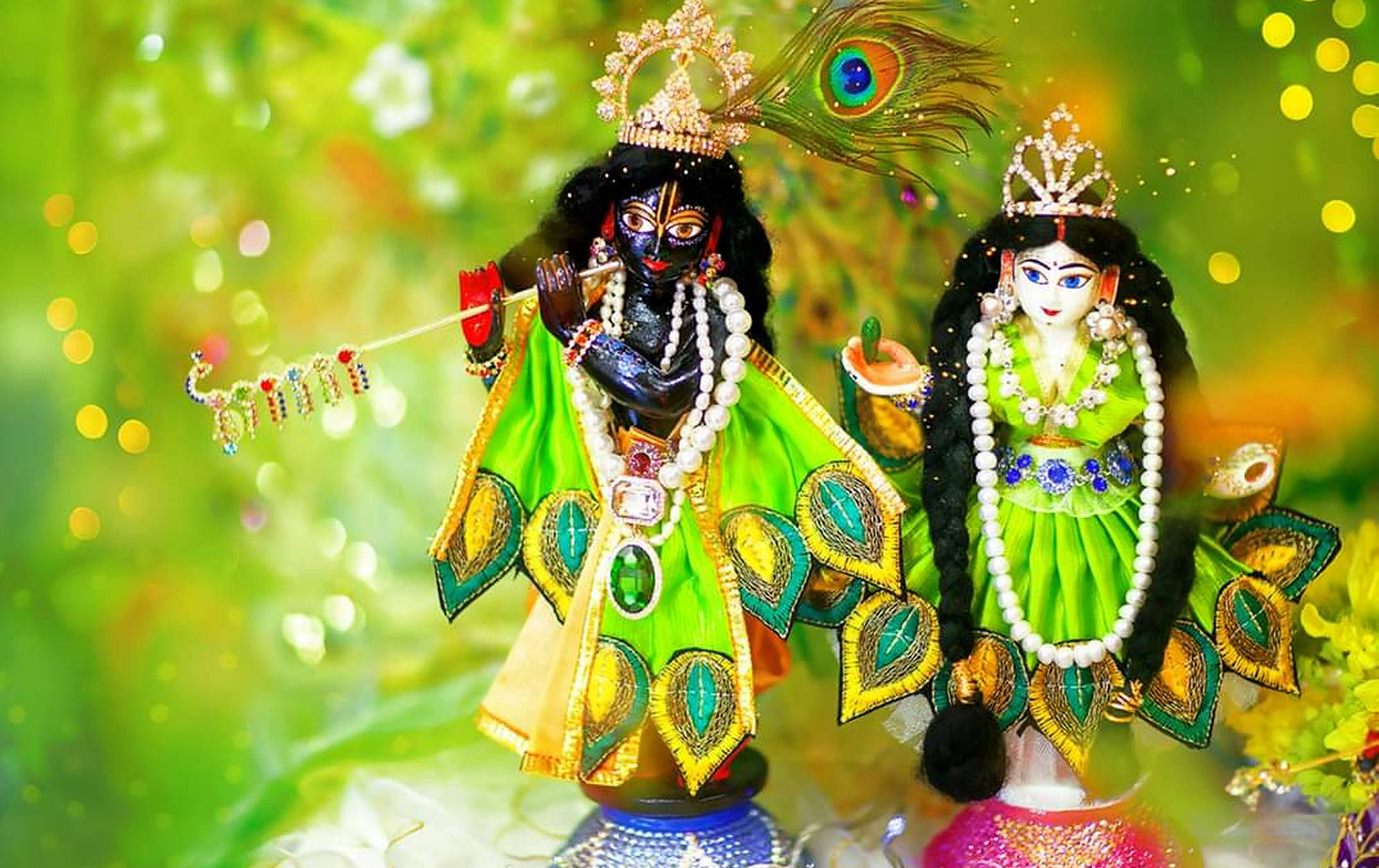 Radha Krishna, yellow green, vibrant green, Full HD Desktop Wallpaper