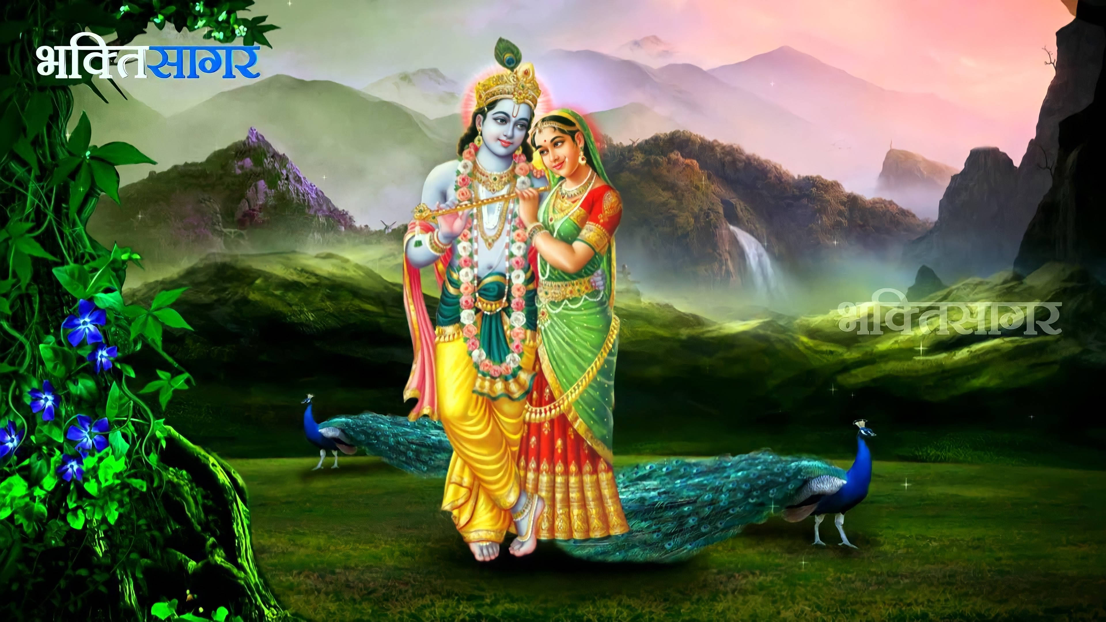 Radha Krishna, mountain valley, peacocks, 4K Desktop Wallpaper