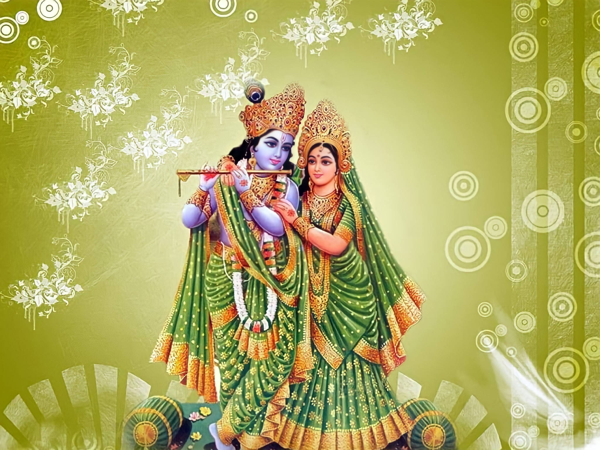 Radha Krishna, green, gold, Full HD Desktop Wallpaper