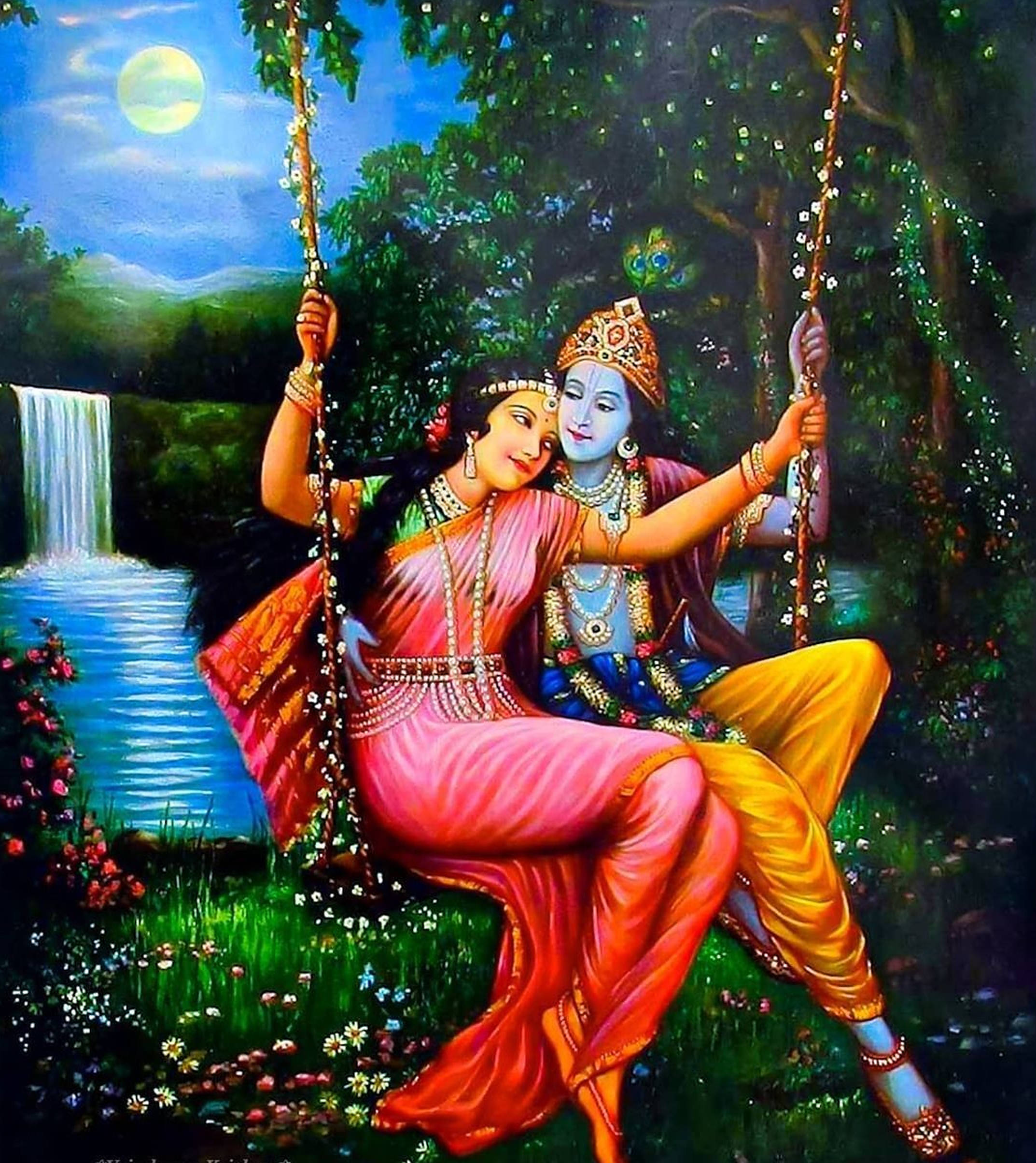 Radha Krishna, garden, waterfall, Full HD Phone Wallpaper