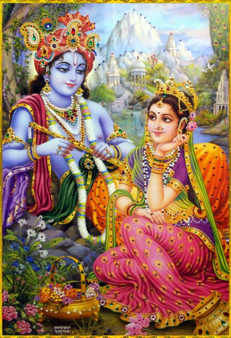 Krishna, Radha, garden, SD Phone Wallpaper