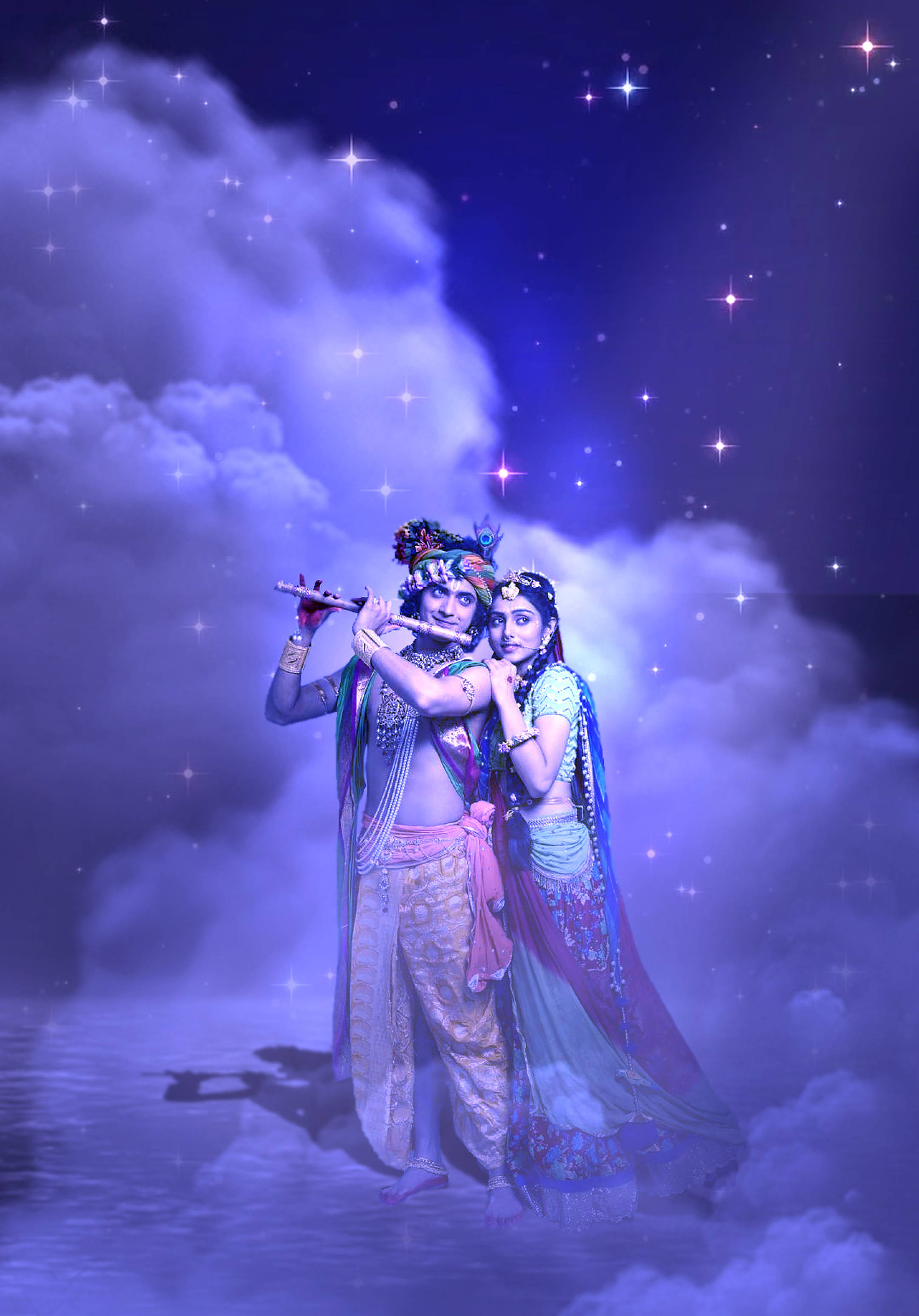 Radha Krishna, purple clouds, starry purple sky, 2K Phone Wallpaper