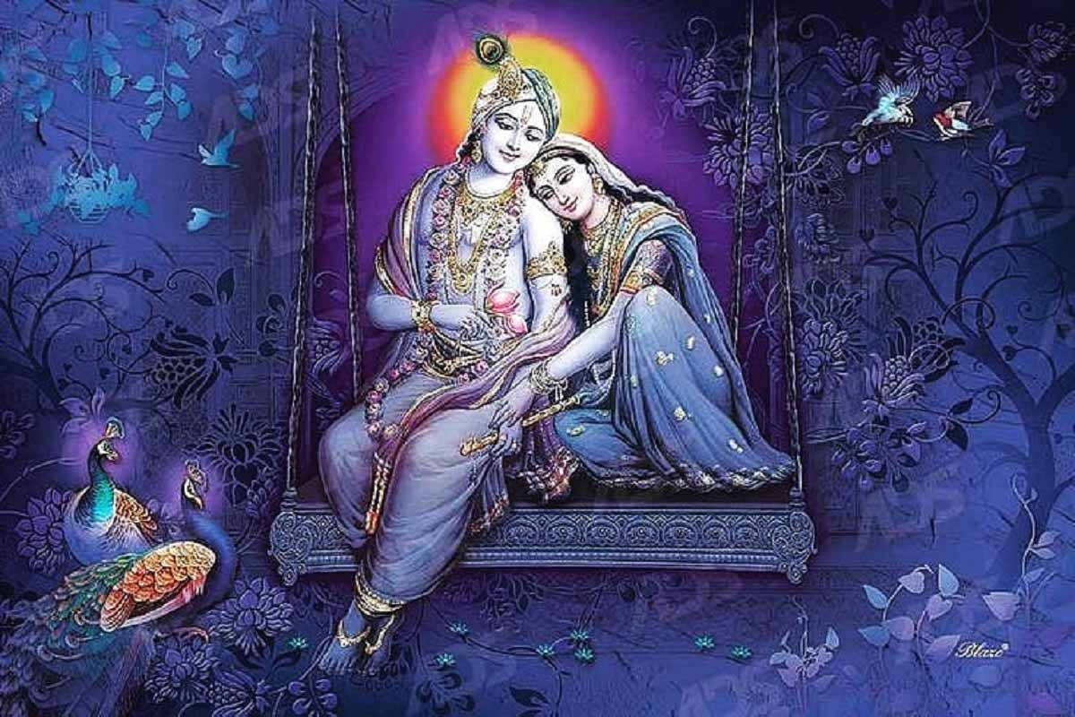 Radha Krishna, purple garden, peacocks, SD Desktop Wallpaper