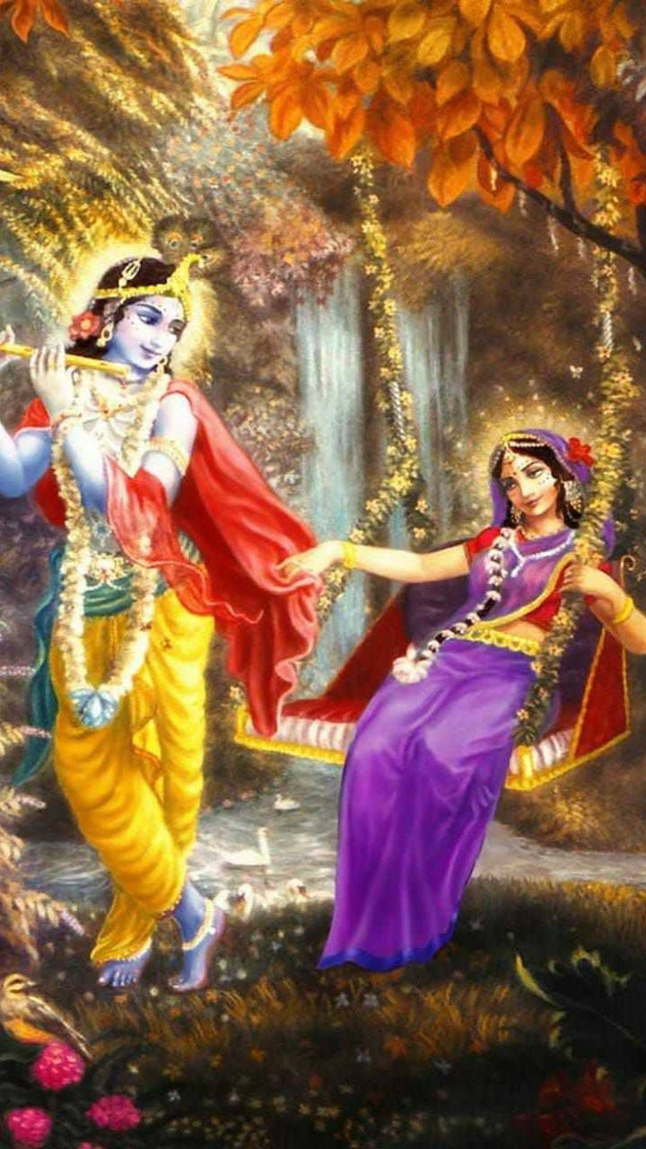 Radha Krishna, golden autumn leaves, cascading waterfall, HD Phone Wallpaper