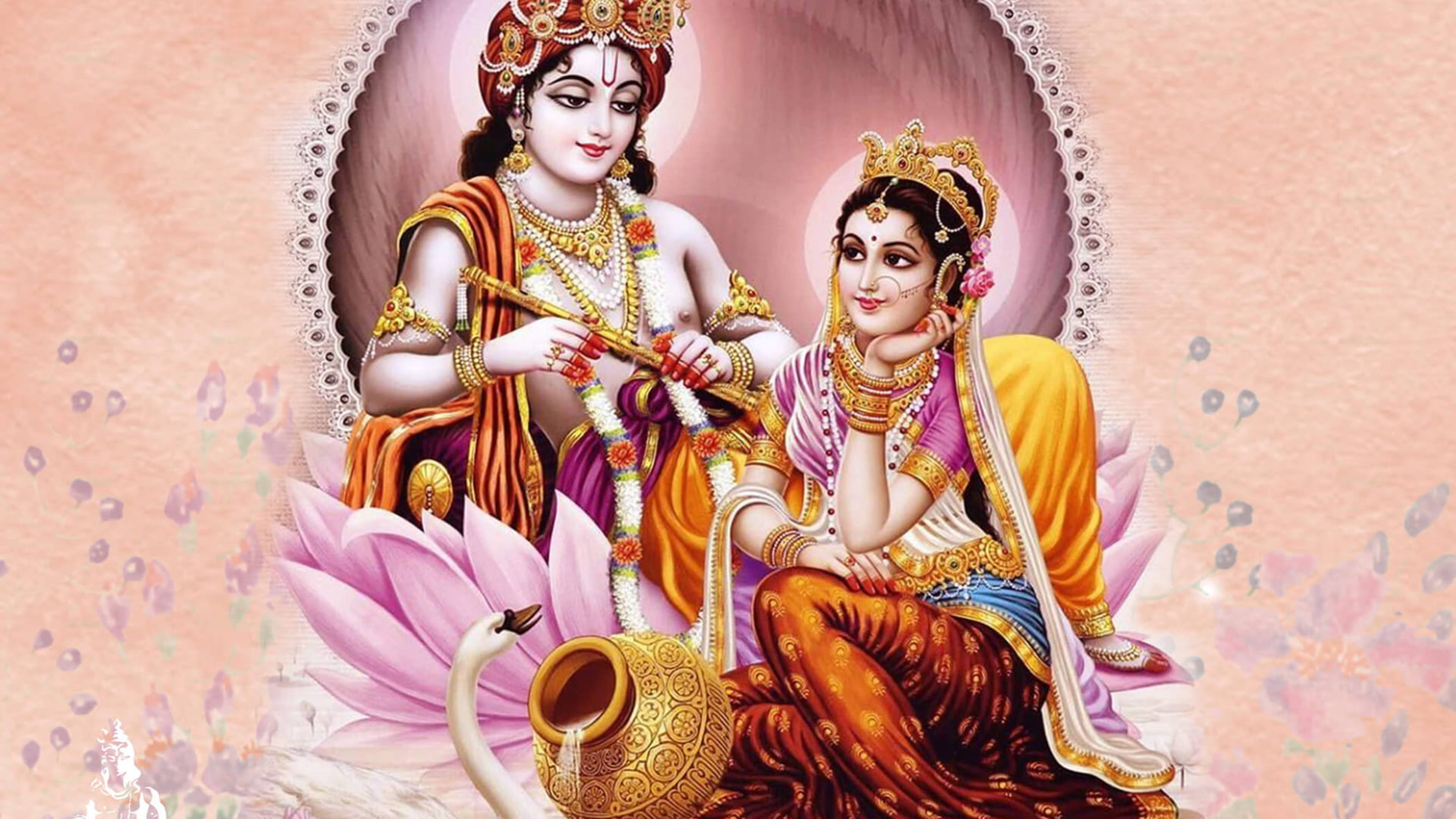 Radha Krishna, pink lotus, gold jewelry, 4K Desktop Wallpaper