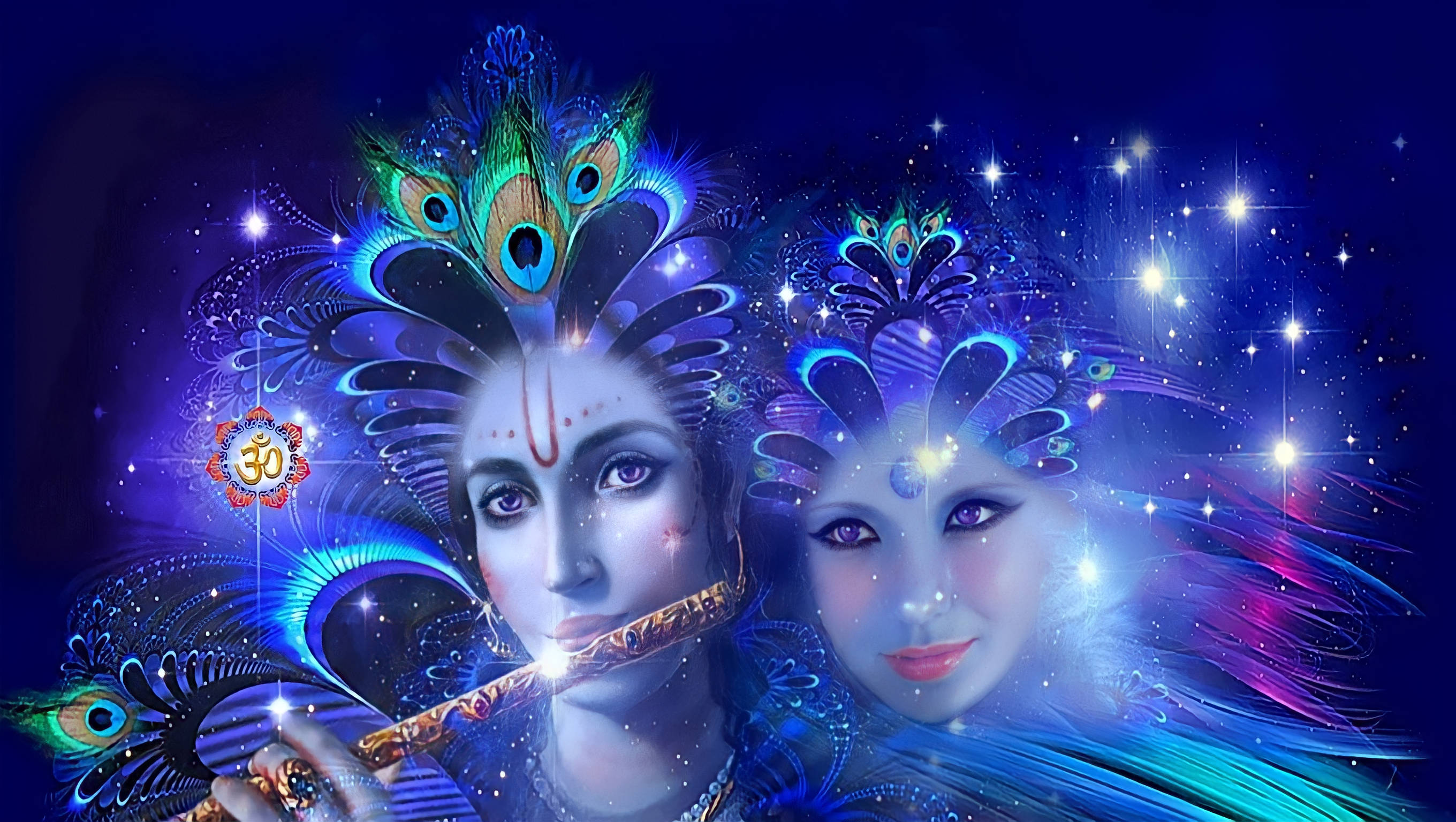 Radha Krishna, 3D Magical Faces, glowing peacock feathers, 2K Desktop Wallpaper